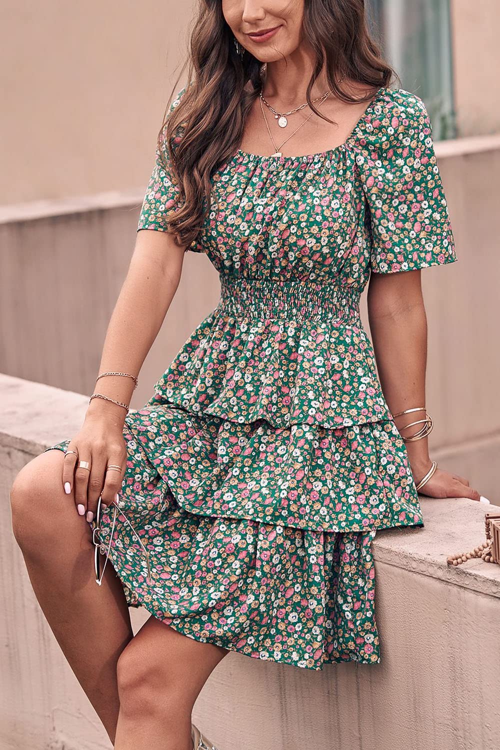 Women's Summer Floral Ruffle Short Dress Dark Green,S