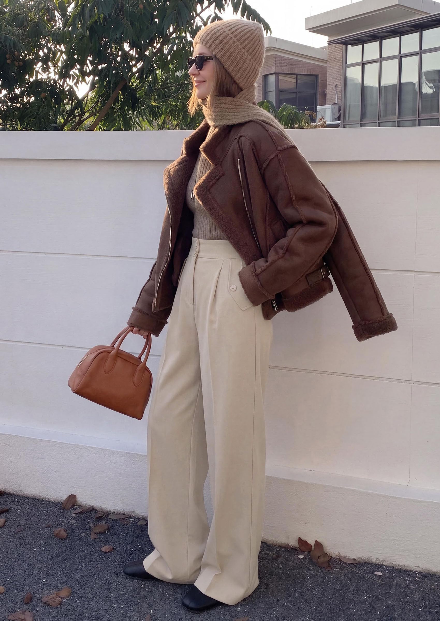 Women's Wide Leg Work Dress Pants Trousers, Beige,S