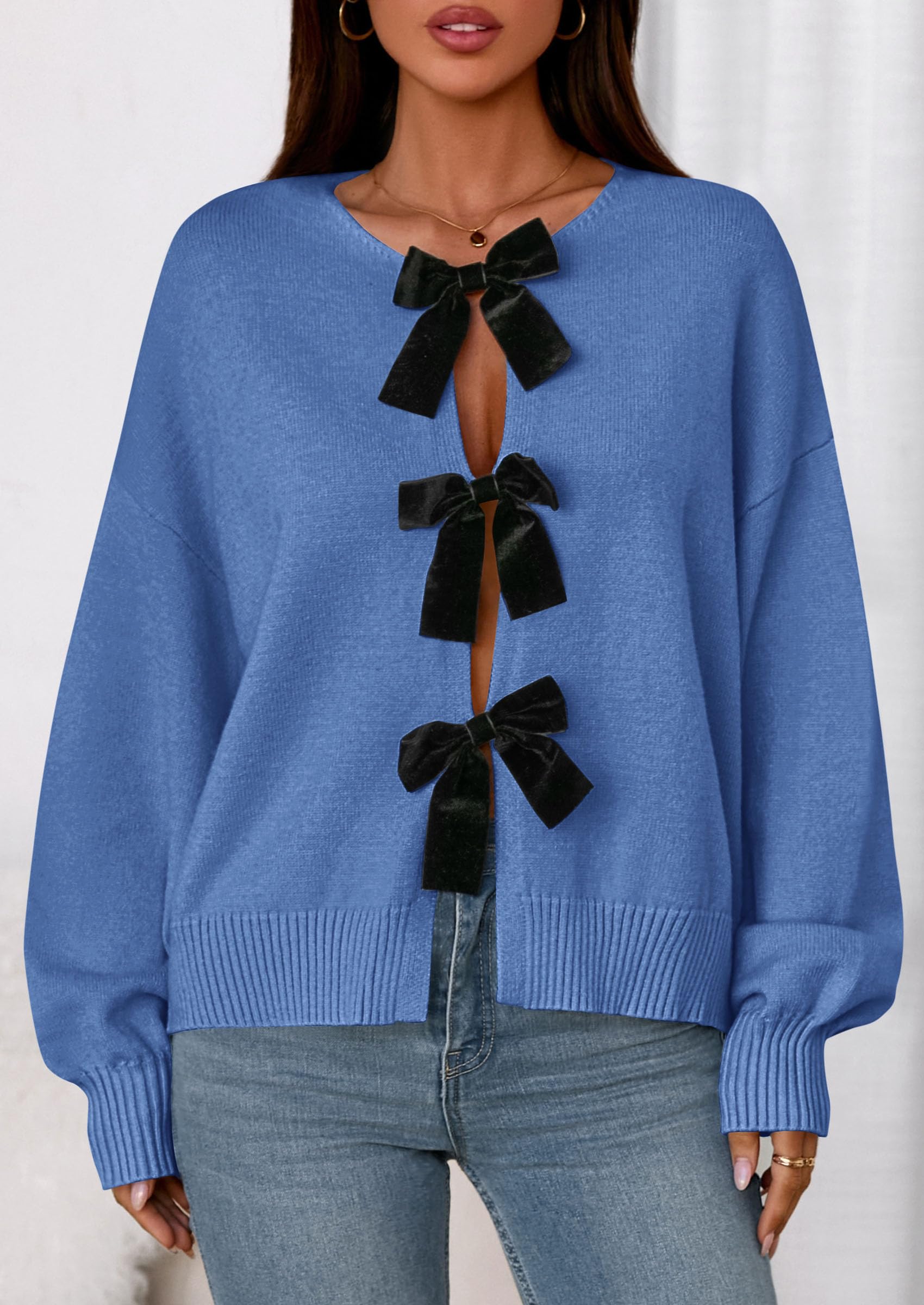 Women's Fall Bow Tie Front Cardigan Sweaters,Blue,S