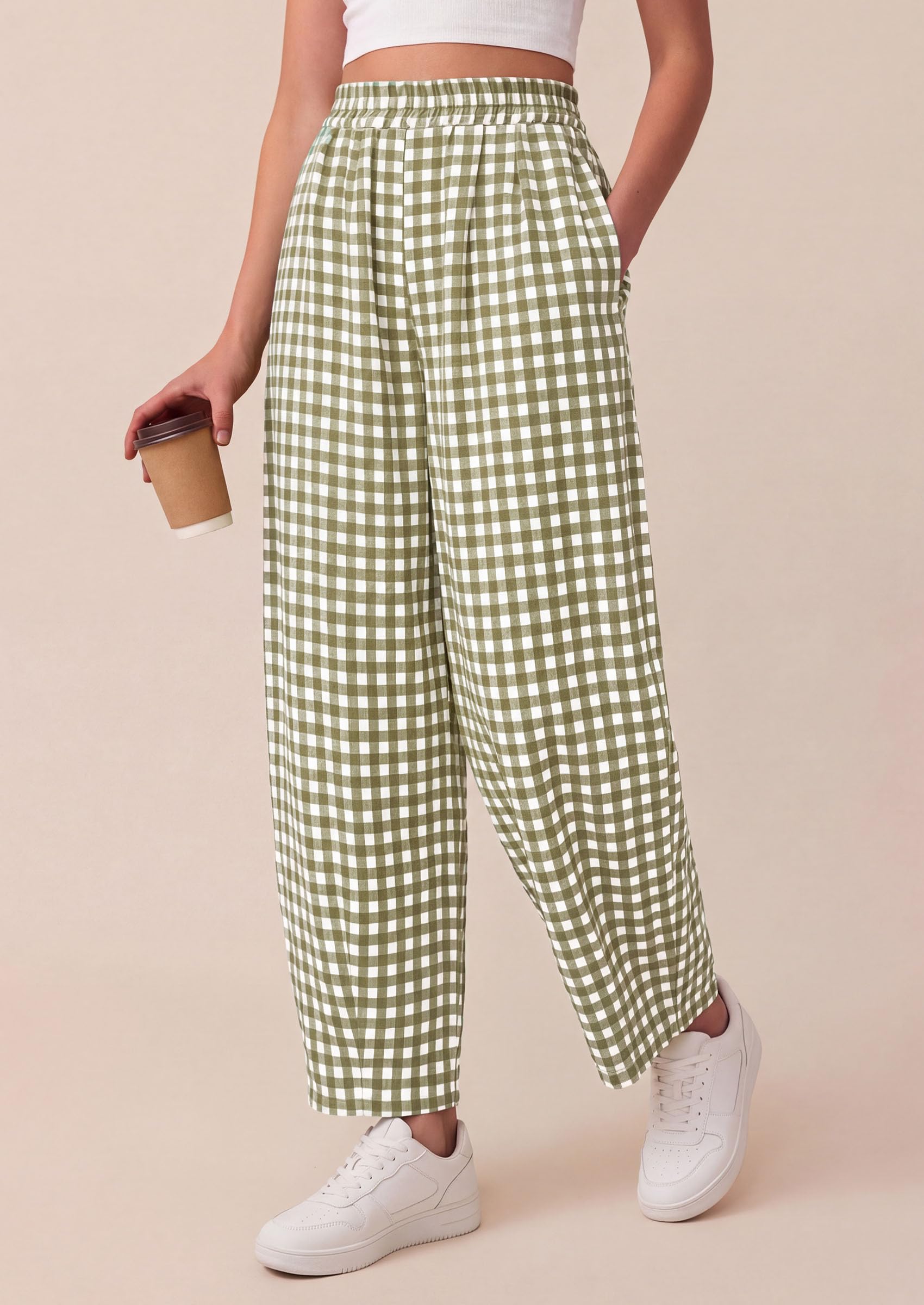 Plaid Barrel Pants Women Summer Bottoms, Army Green Plaid,S