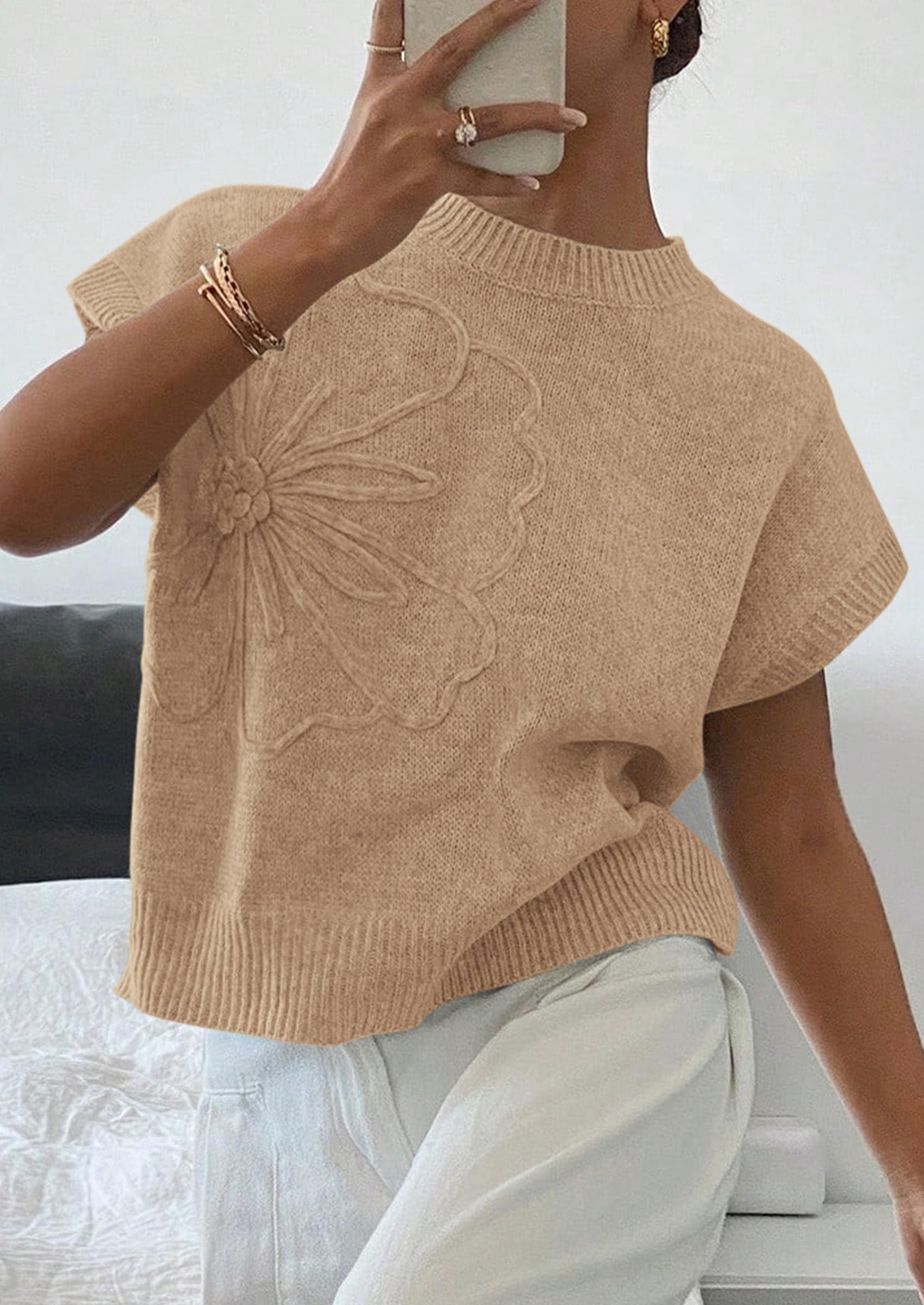 Women's Summer Short Cap Sleeve Sweater Vest (Khaki,S)