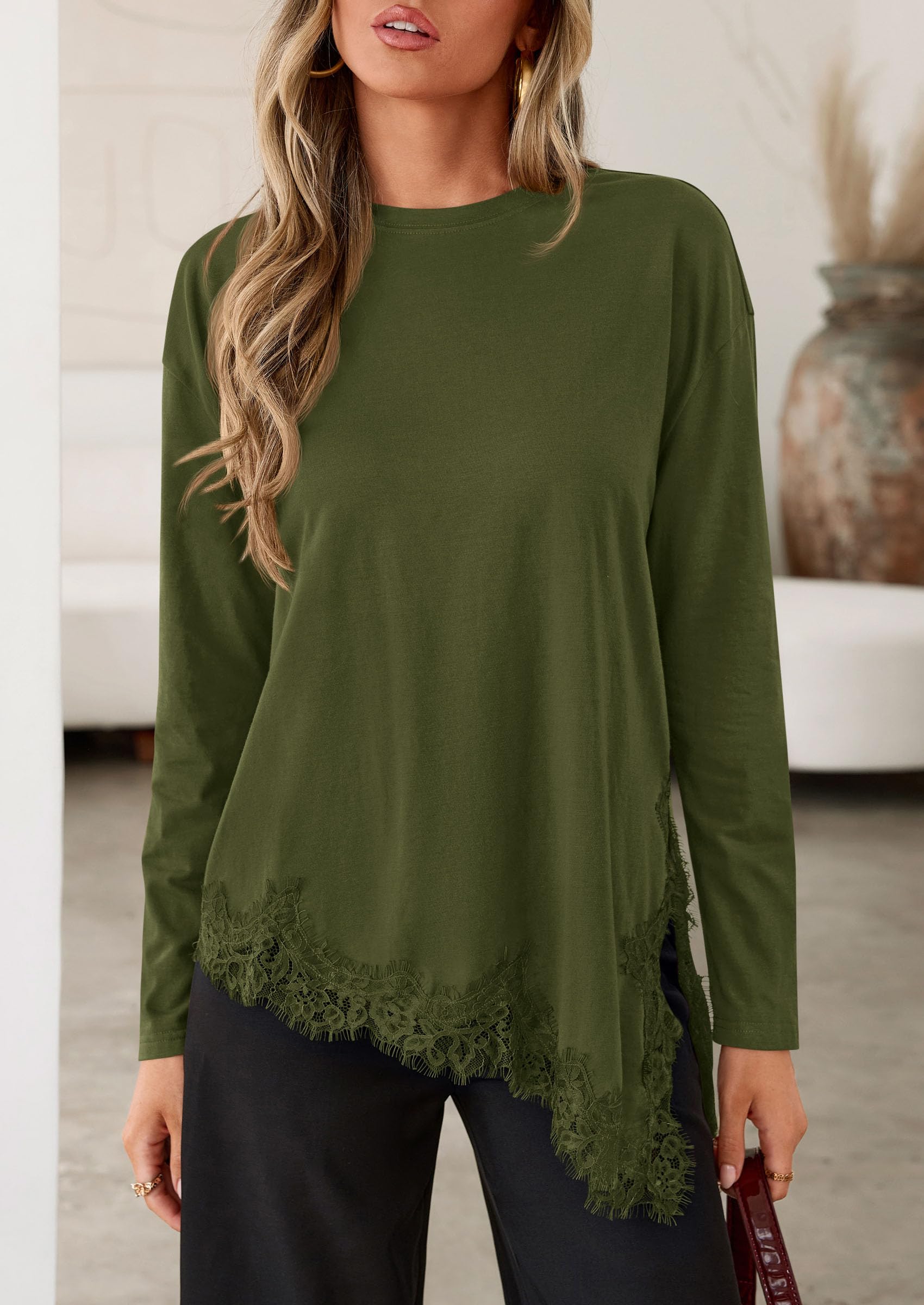 Women's Long Sleeve Asymmetrical Lace Tops Oversized Tshirts