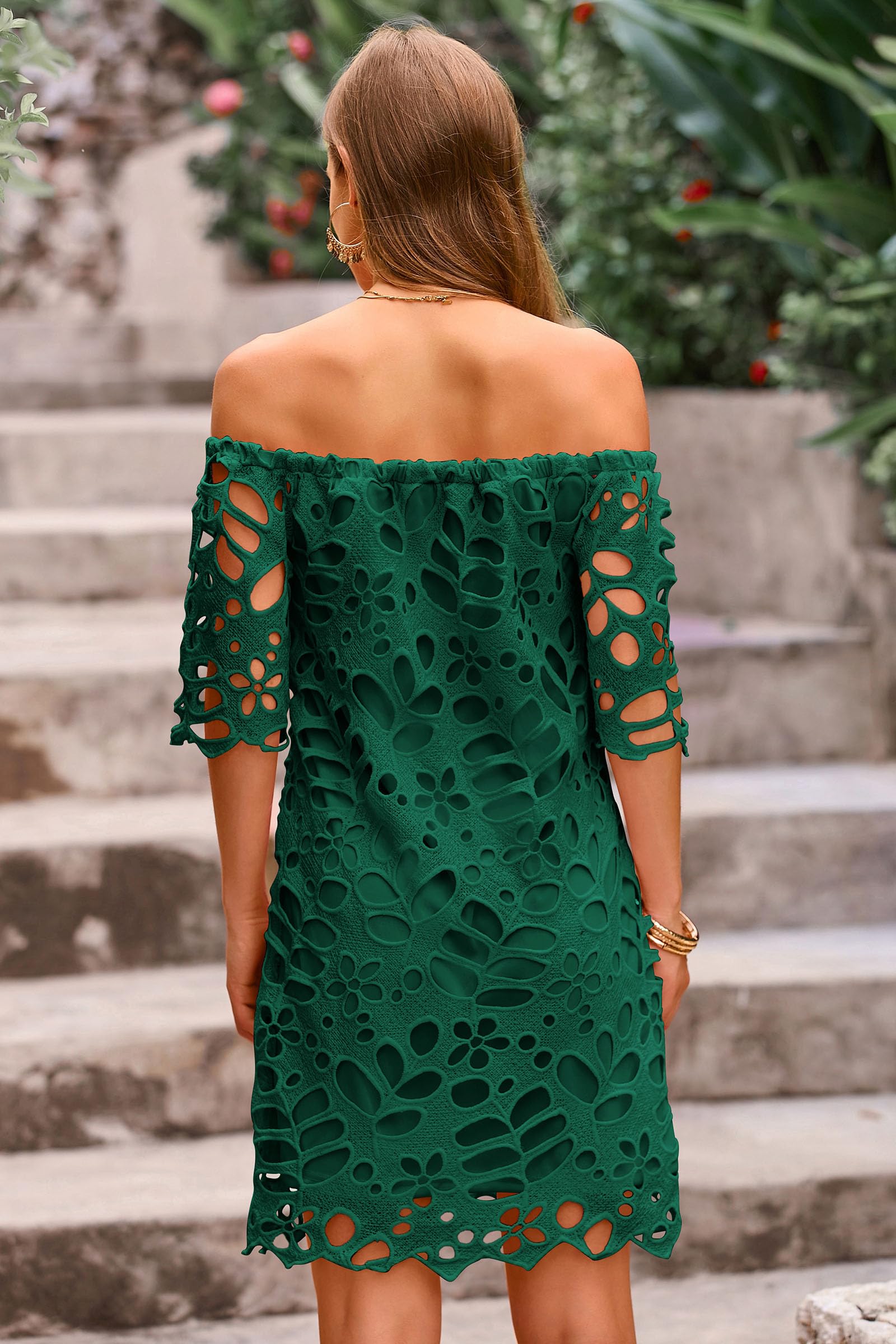 Women's Boho Off the Shoulder Lace Mini Dress, Green,S