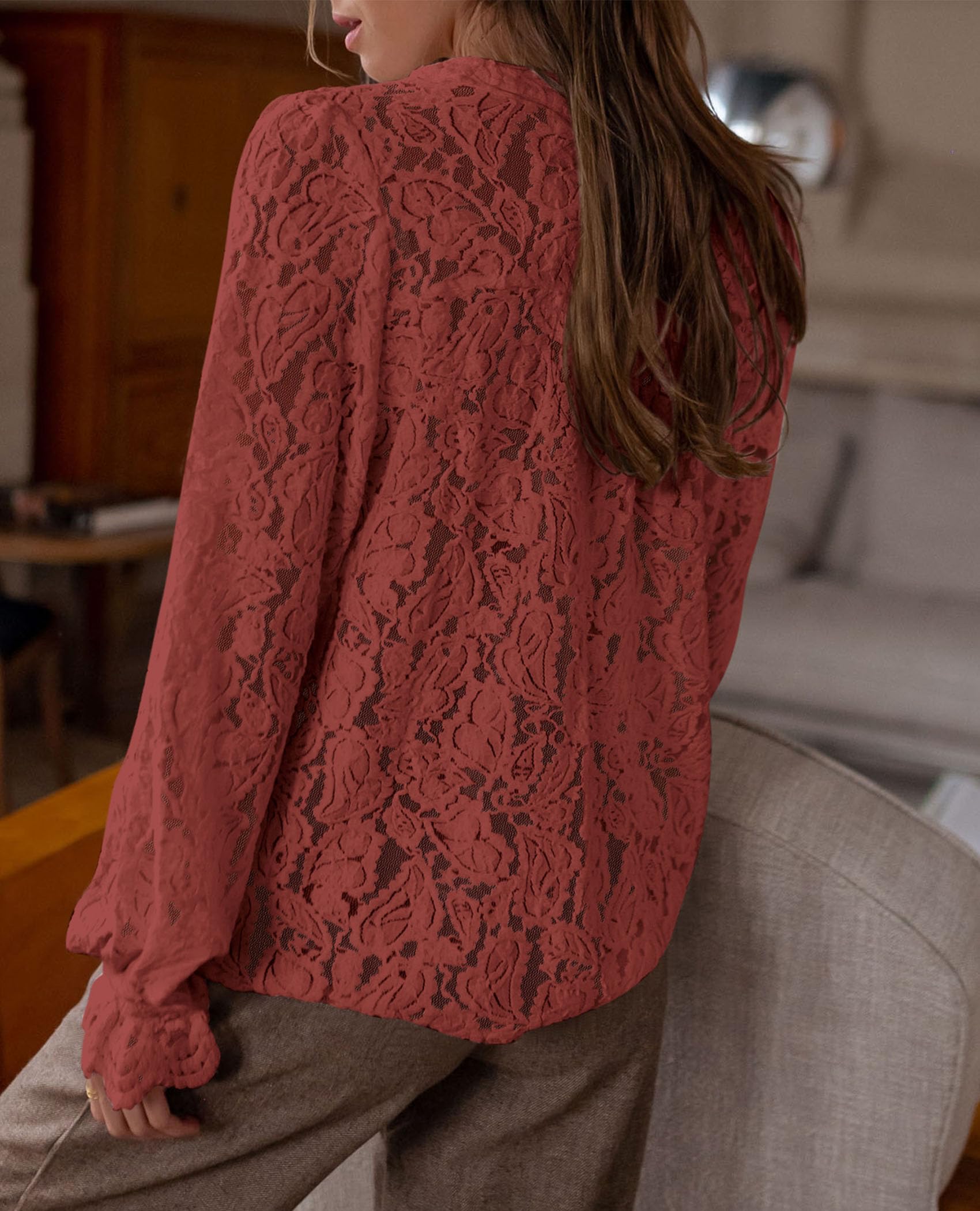 Women's Fall Trendy Long Sleeve Lace Tops(Brown Red,Small)