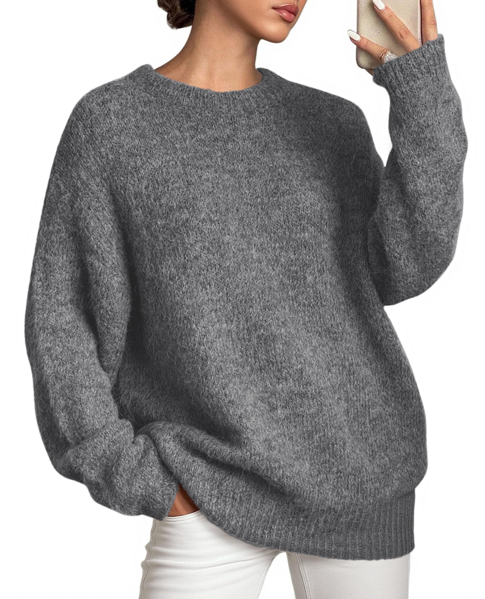 Womens Long Sleeve Oversized Pullover Sweater,Dark Grey,S