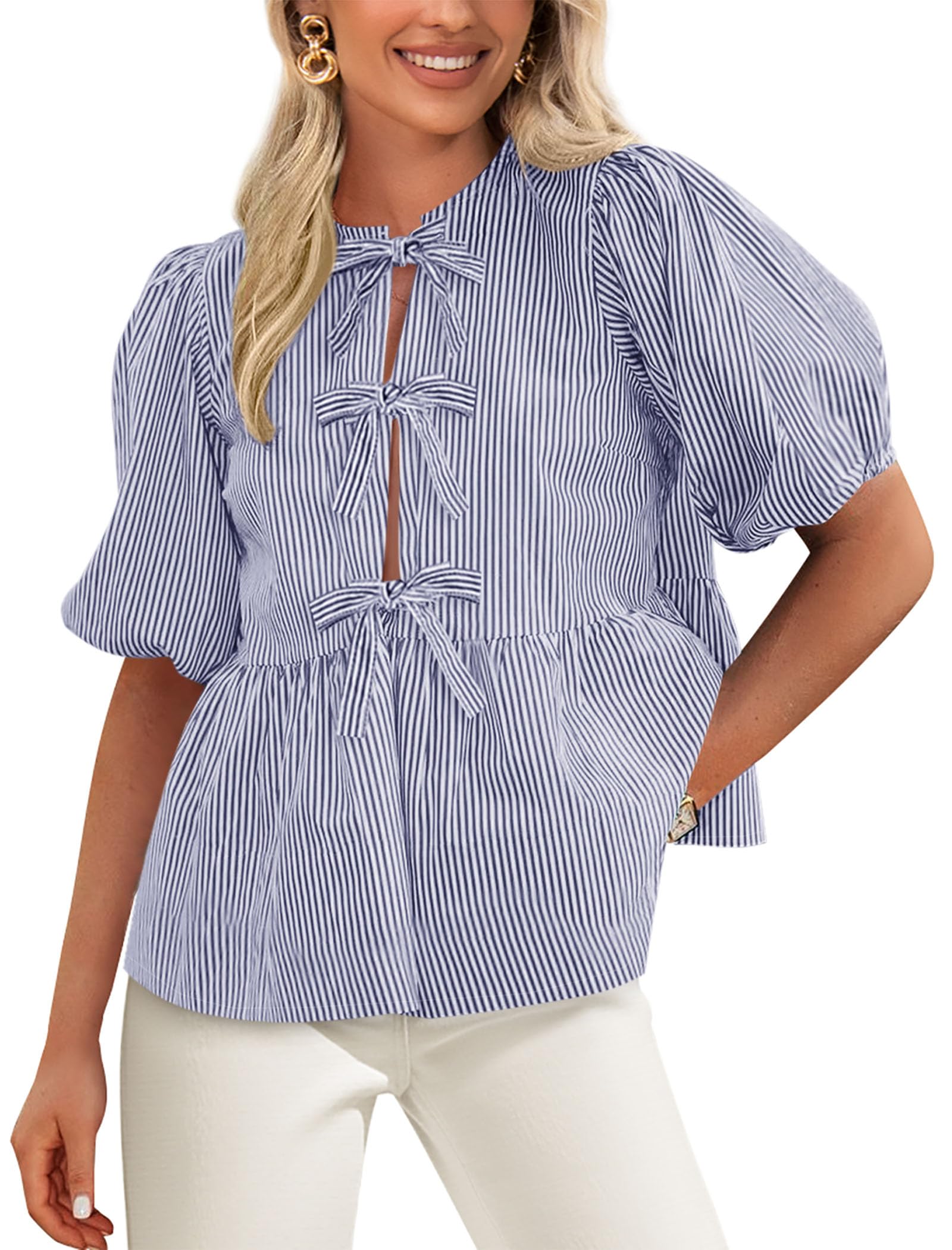Women Striped Tie Front Babydoll Peplum Tops, Navy,S
