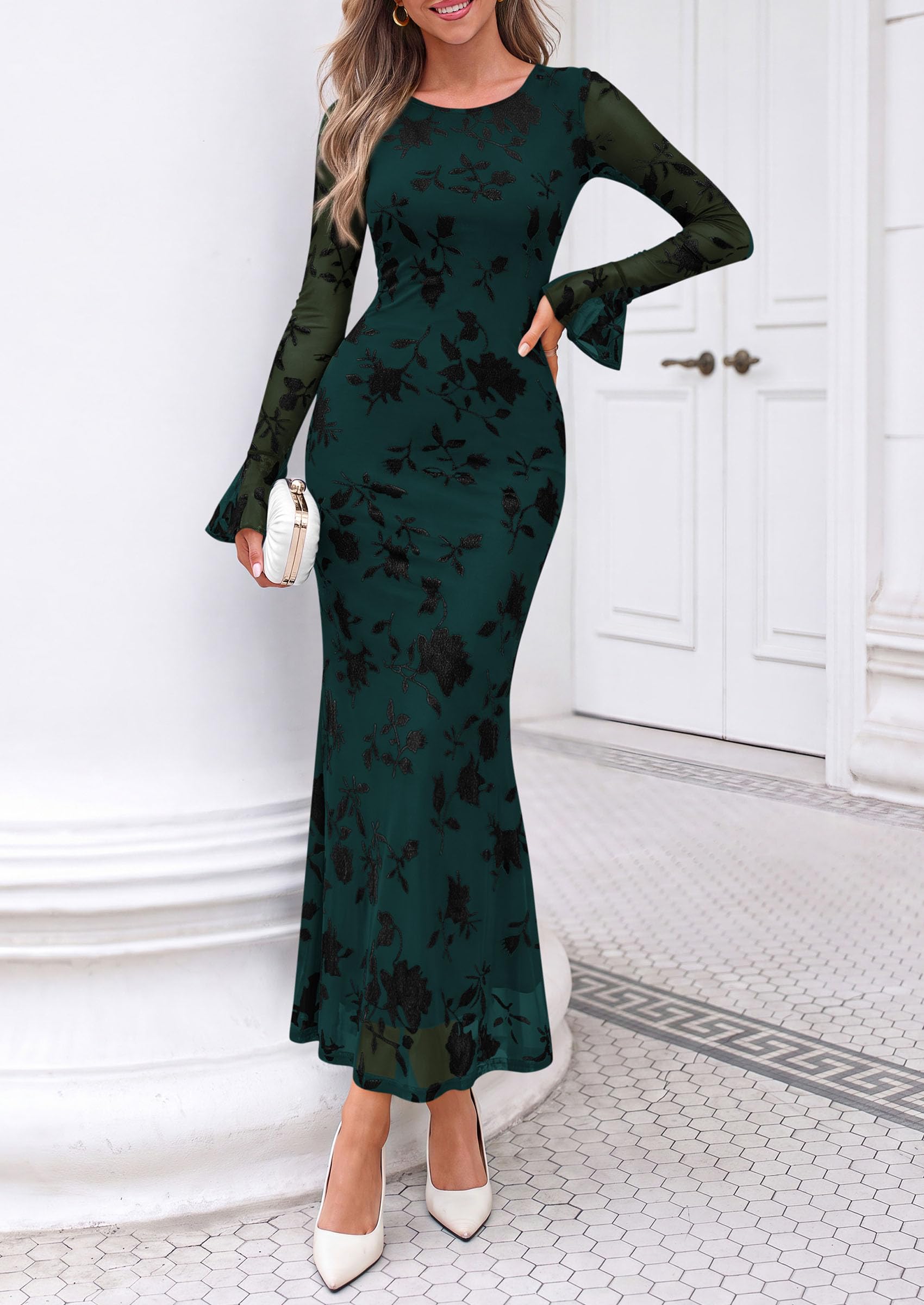 Women's Long Sleeve Maxi Floral Mesh Fall Wedding Guest Dress