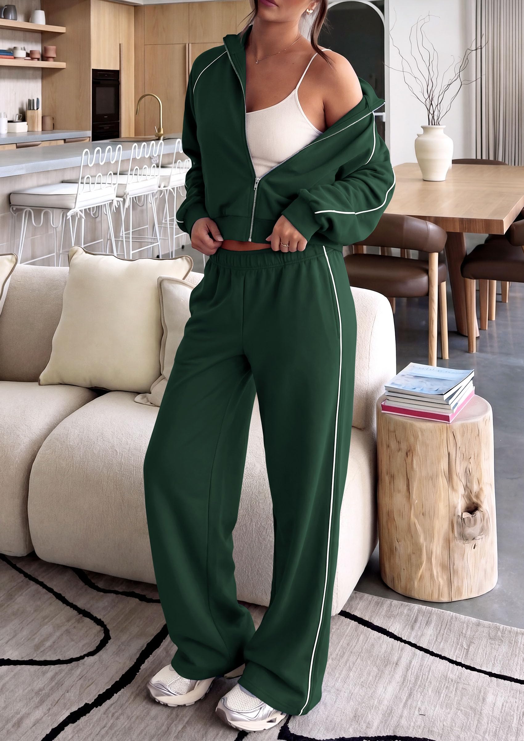 Women's 2 Piece Sweat Set Casual Fall Outfits,Dark Green,S