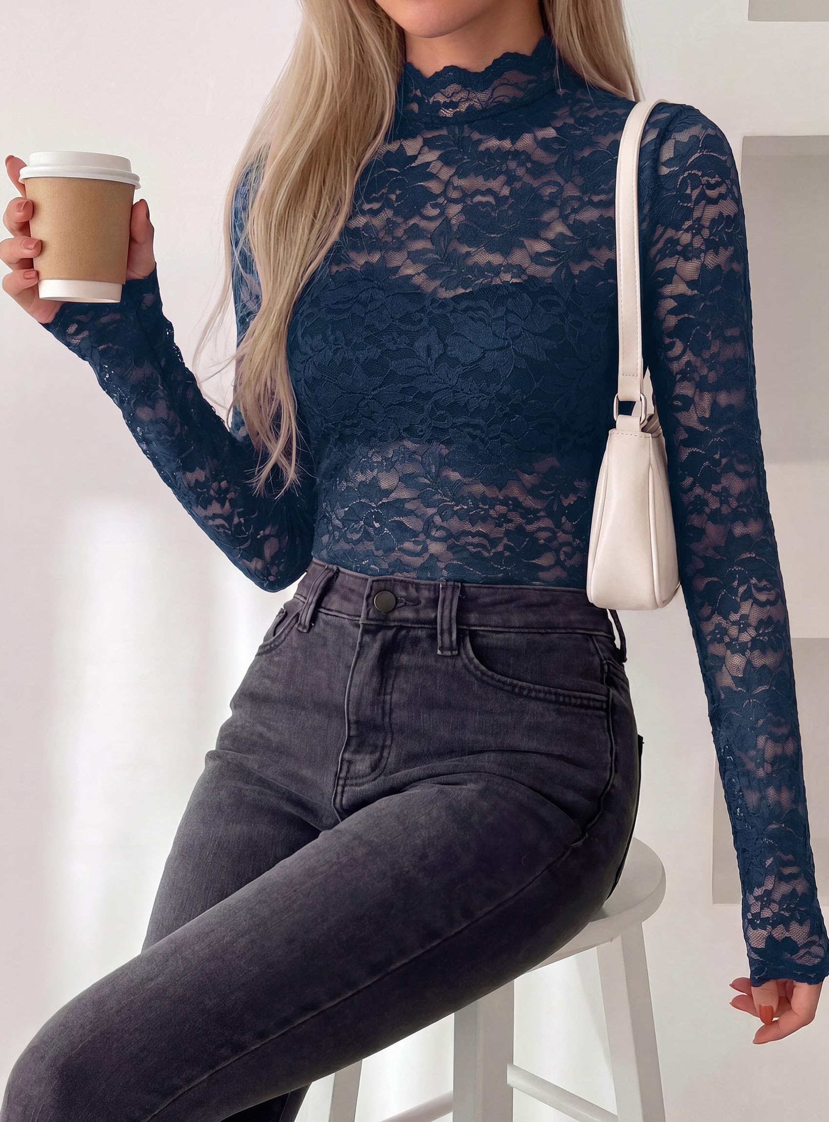 Womens Lace Long Sleeve Tops Sheer Mesh Blouse Navy Blue,S