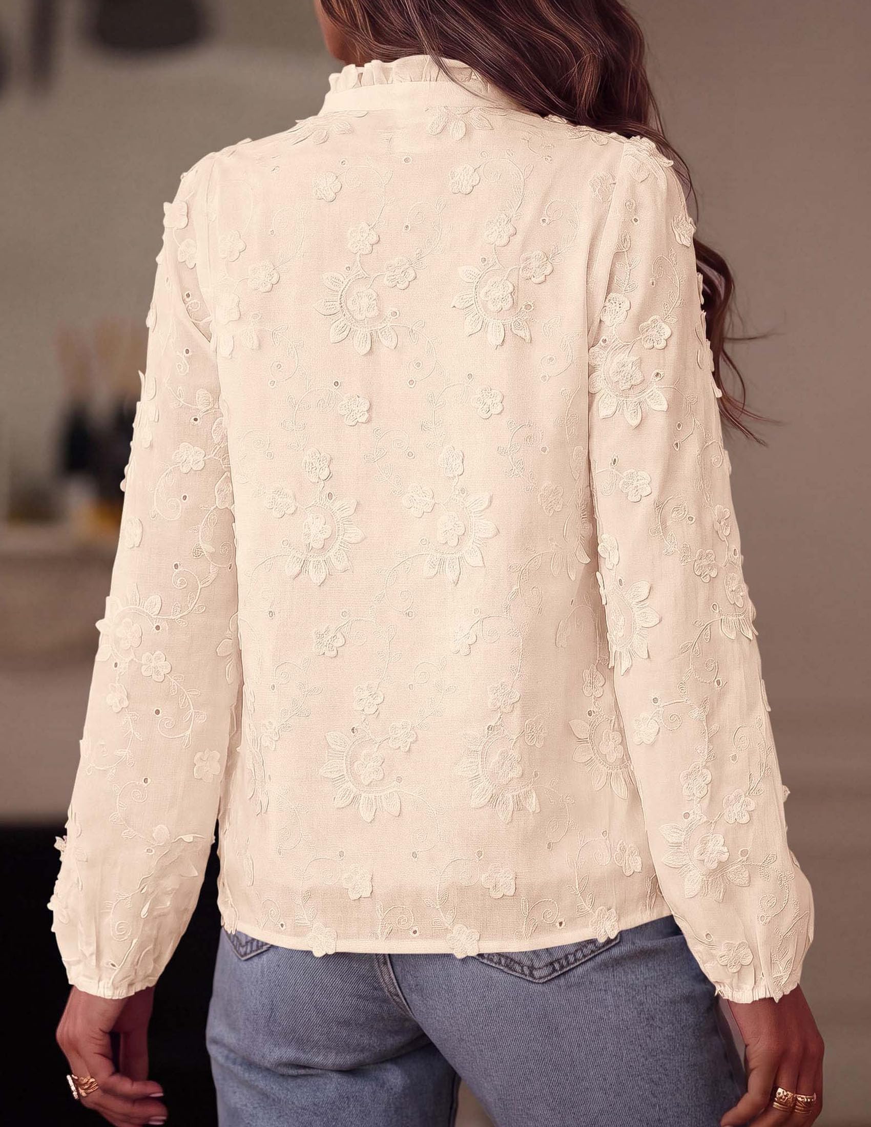 Women's Floral Embroidered Button Down Shirts Work Blouses