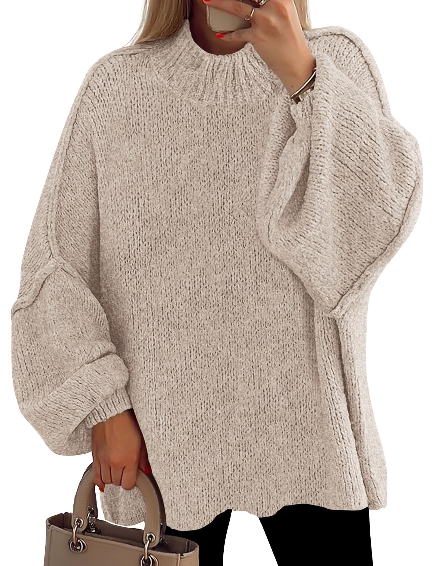 Women's Oversized Sweaters Fall Clothes (Light Khaki,M)