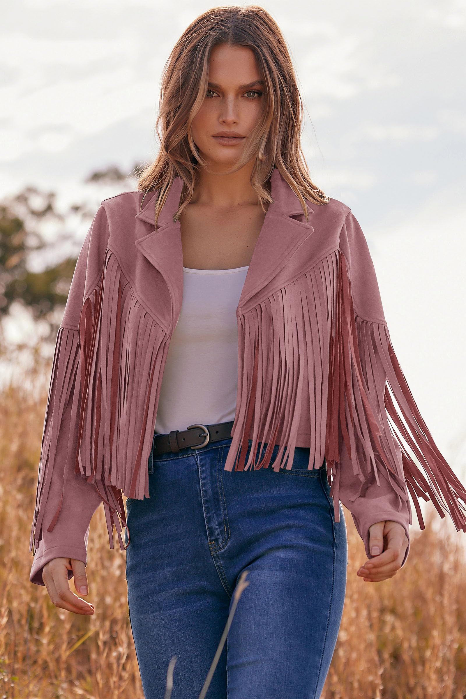 Women's Fringe Faux Suede Leather Jackets Fall Fashion 2025 Tassel Motorcycle Cropped Coats (Dark Pink,Small)