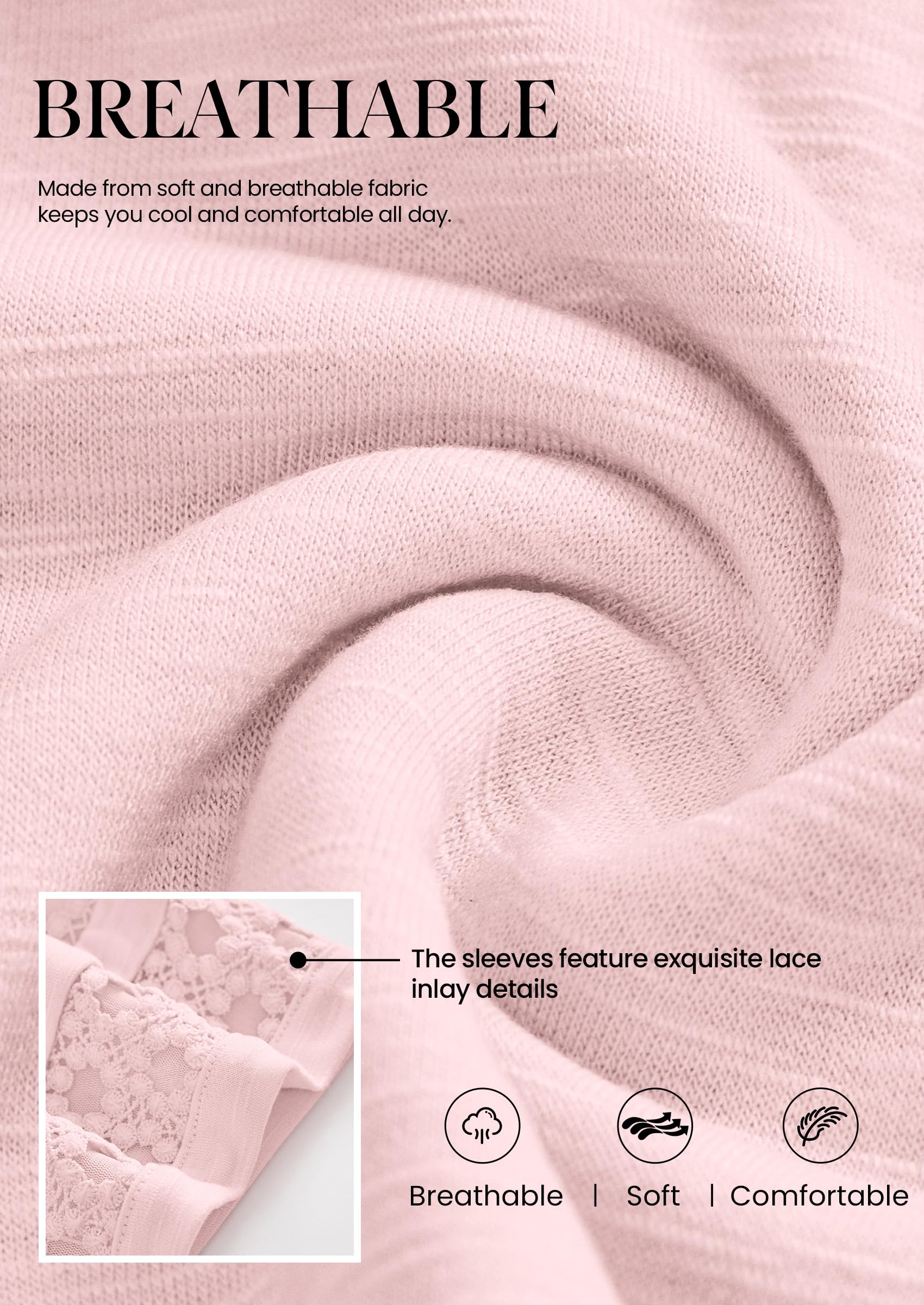 Women's Summer Short Sleeve Lace Trim T-Shirts,Pink,S