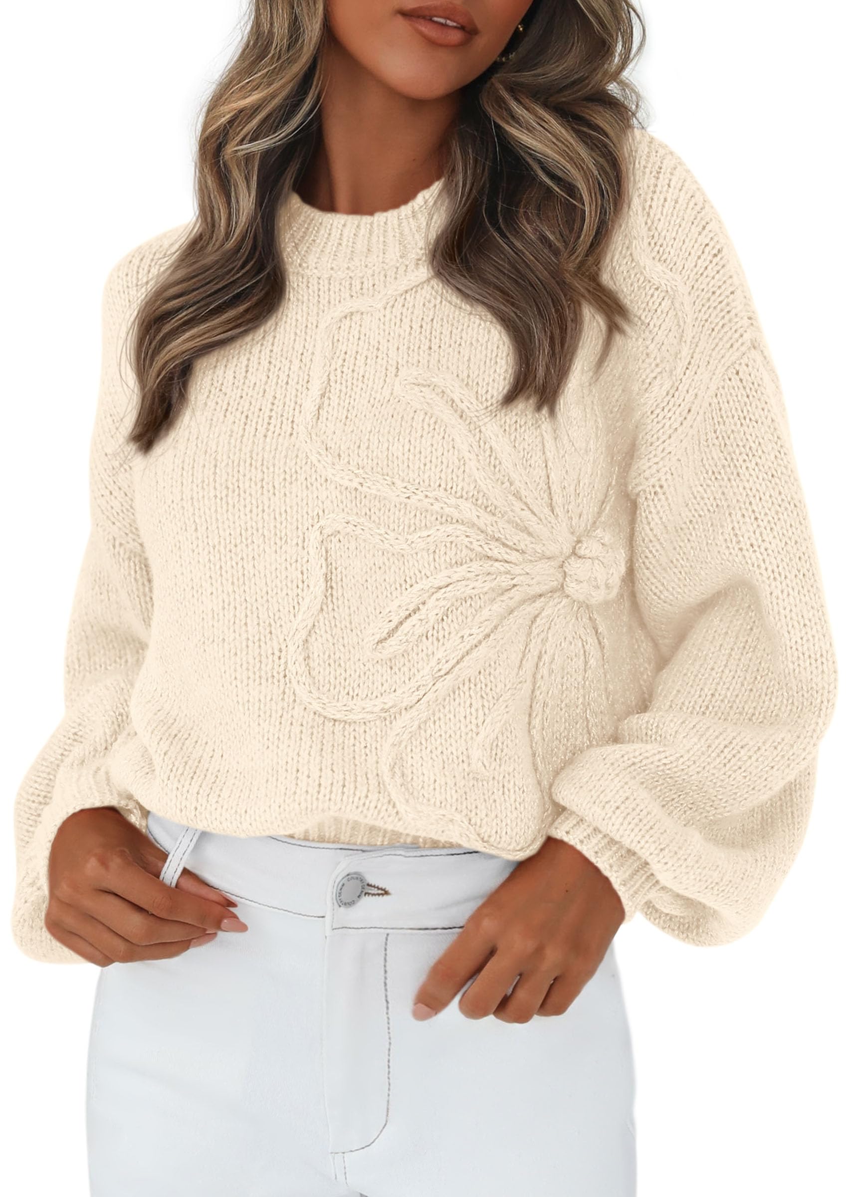 Women's Oversized 3D Floral Knit Sweater,Beige,S