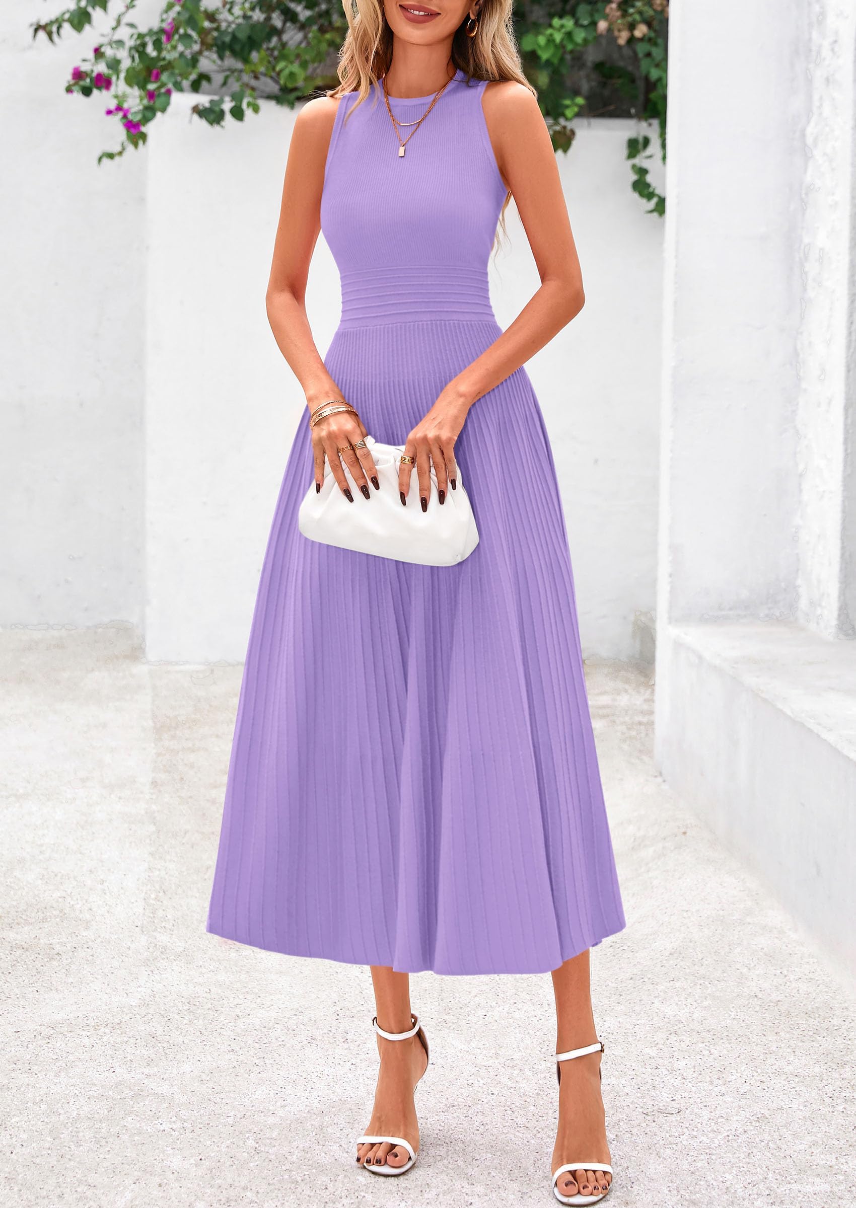 Women's Summer Pleated Midi Work Dress,Purple,S