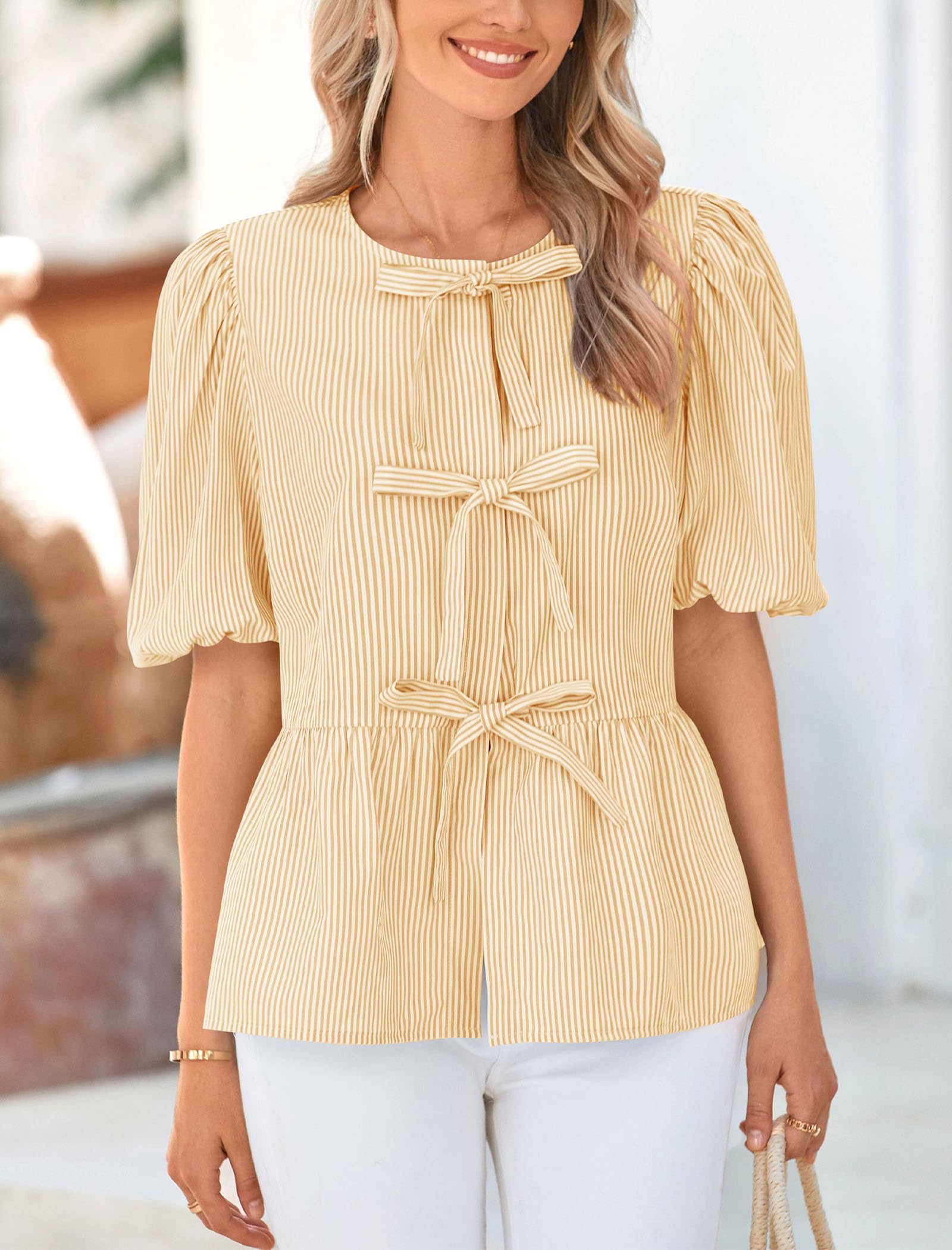 Women Striped Tie Front Babydoll Peplum Tops, Yellow,M