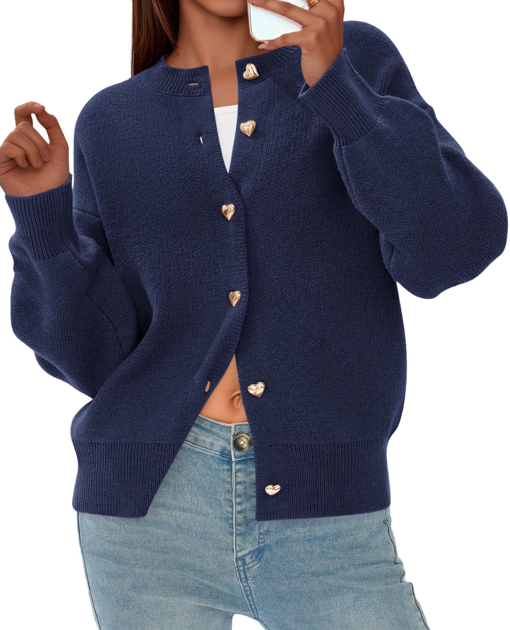 Women's Long Sleeve Button Up Cardigan,Navy,S