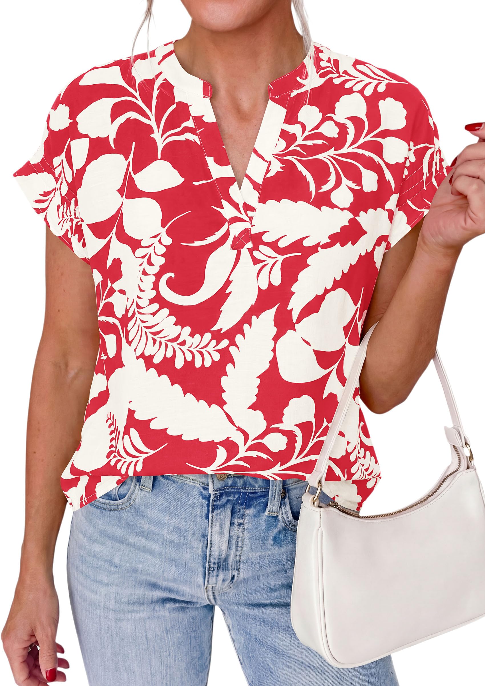 Womens Floral Short Sleeve Blouses,Floral Red White,S