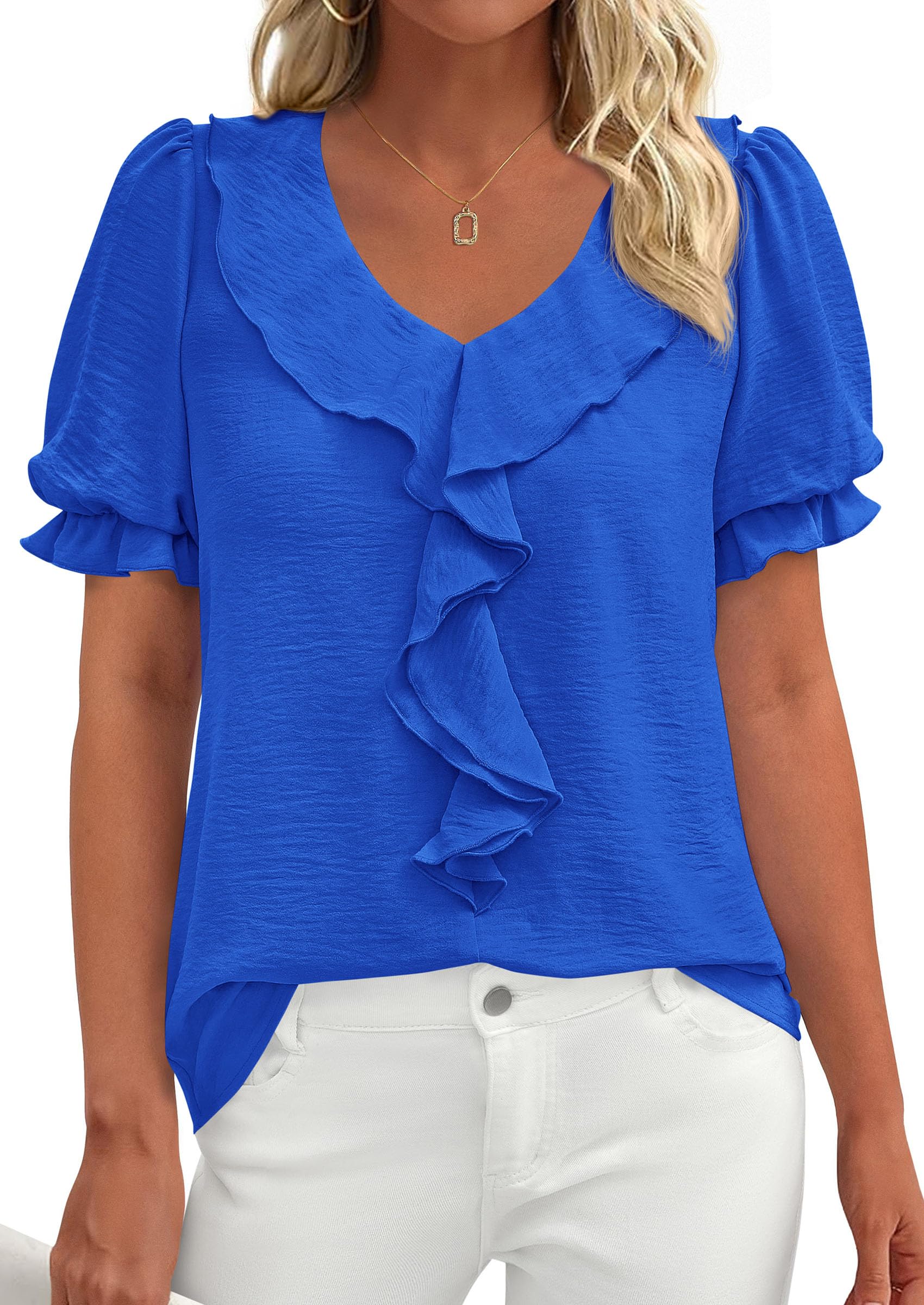 Women's Summer Ruffle Dressy Casual Blouses (Blue,S)