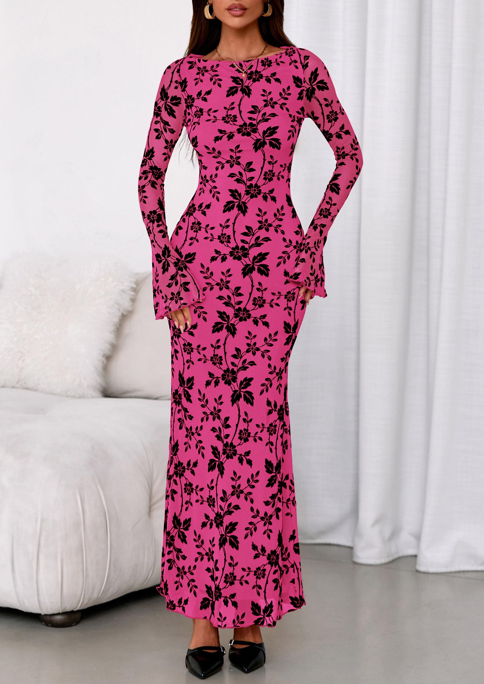 Women's Floral Bodycon Maxi Dress Wedding Guest Dresses