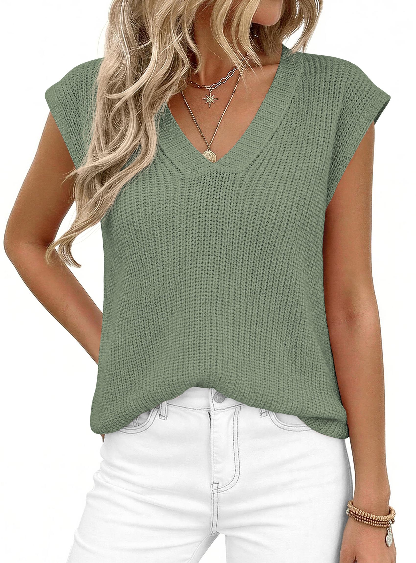 Women's Cap Sleeve Sweaters Vest Summer Tops (Green,S)