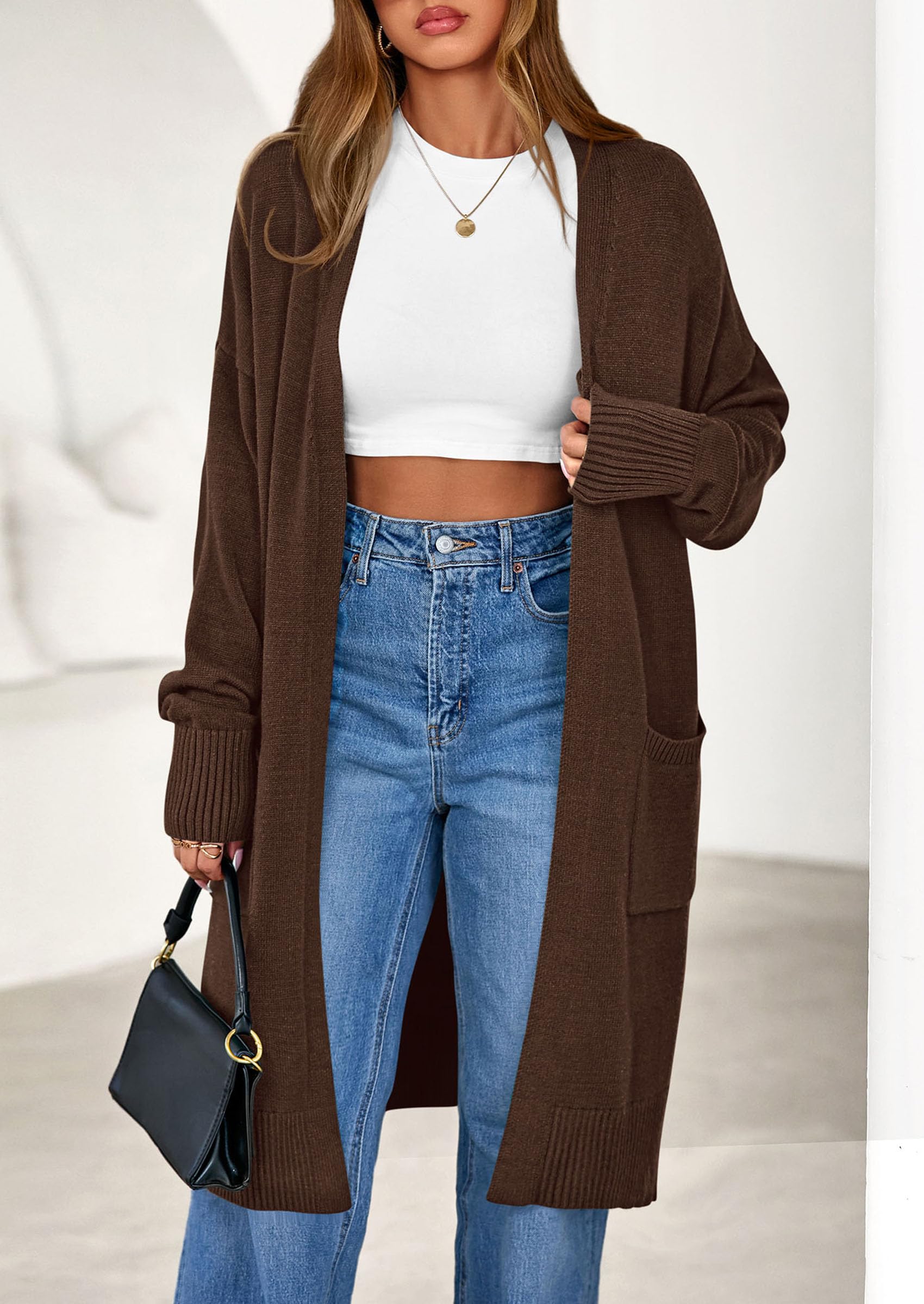 Women's Oversized Open Front Long Knit Cardigan,Brown,S