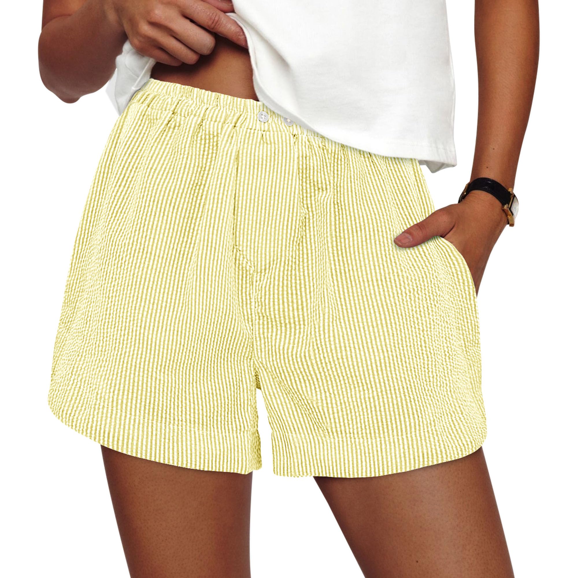 Women's Summer Striped Boxer Shorts, Striped Yellow White,S