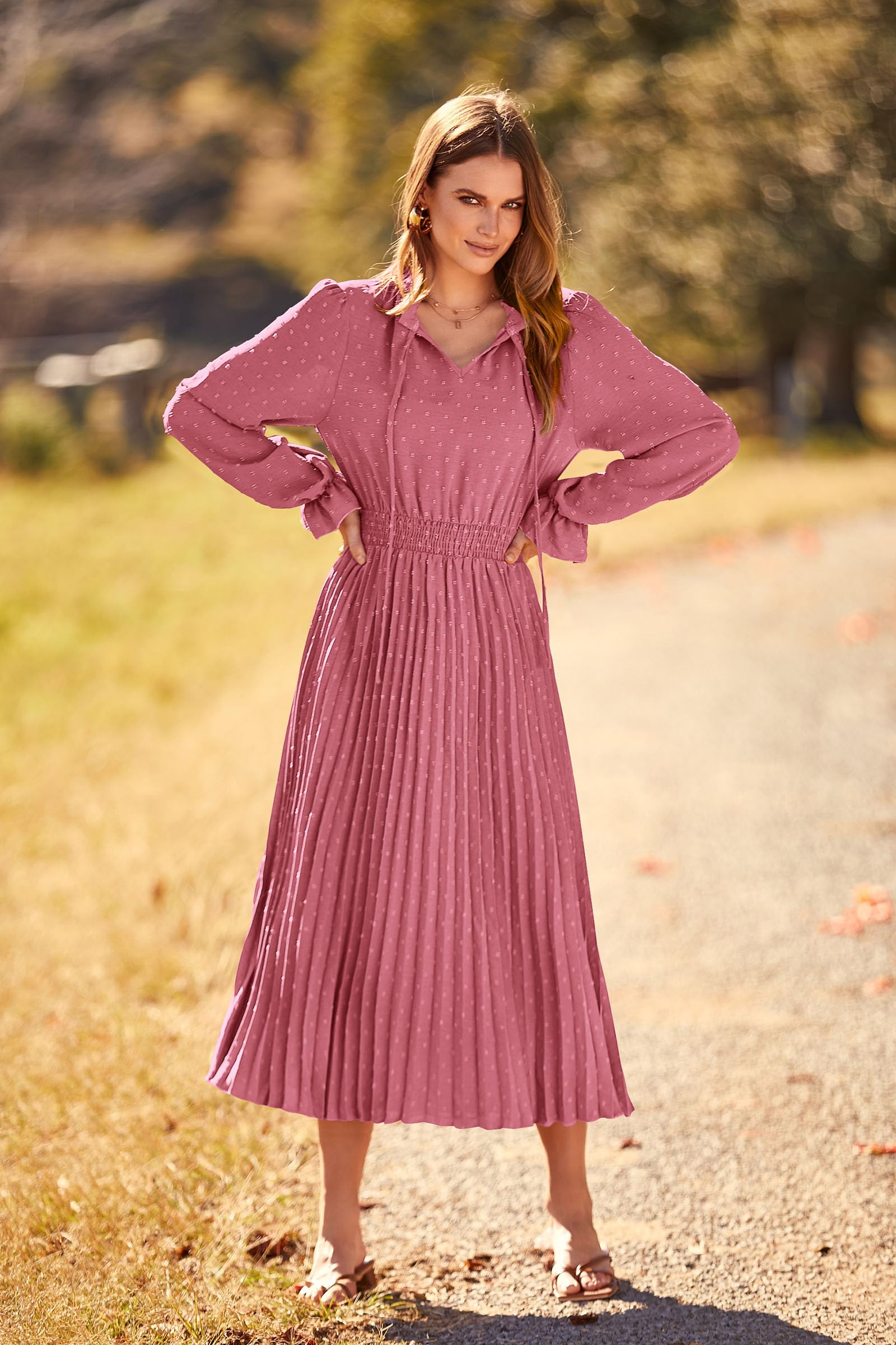 Midi Dress for Women Spring Fall 2025 Long Sleeve V Neck Pom Pom Swing A Line Long Dresses (Pink,Small)