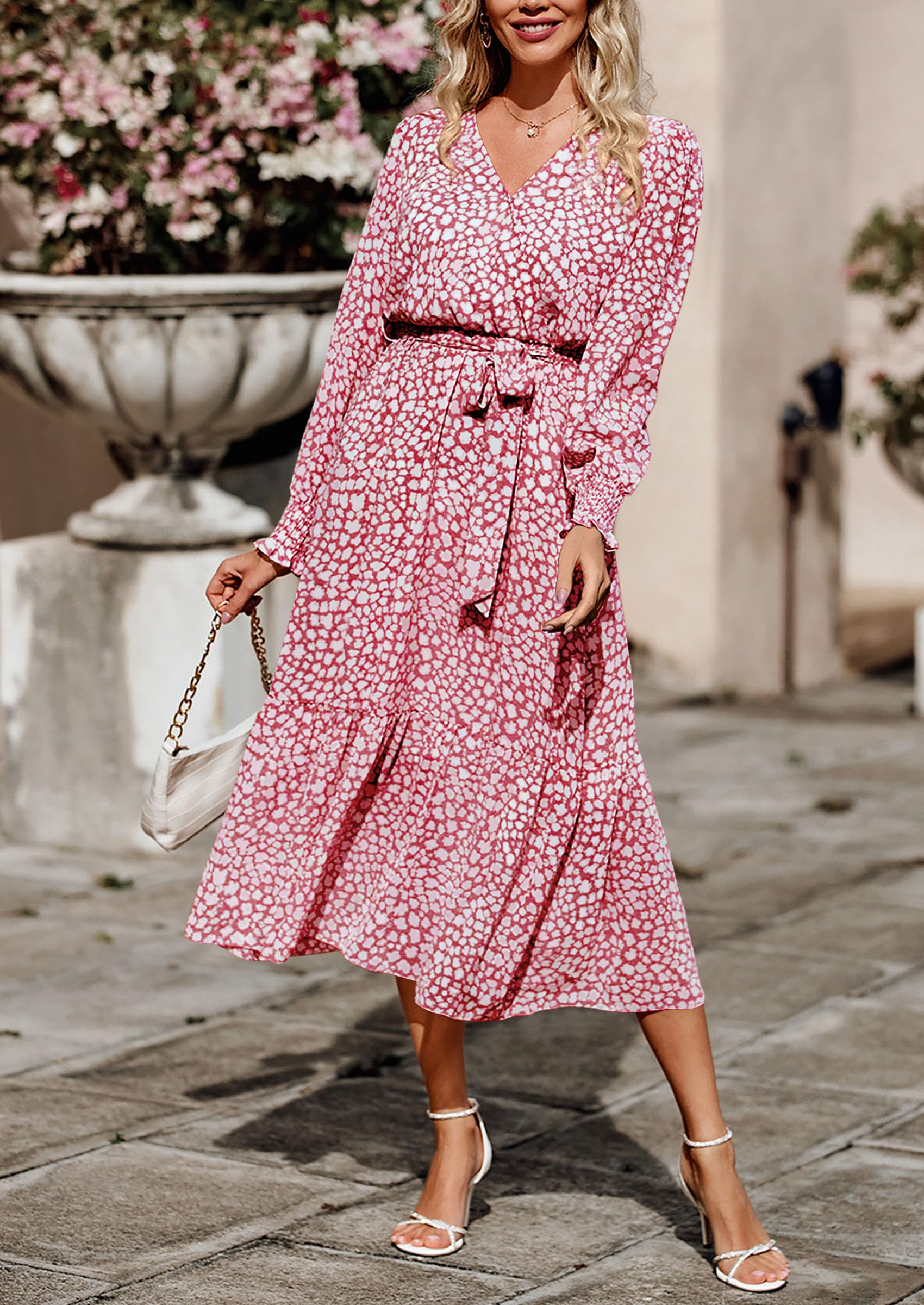 Women's Floral Boho Long Sleeve Maxi Dress, Wine Red,S