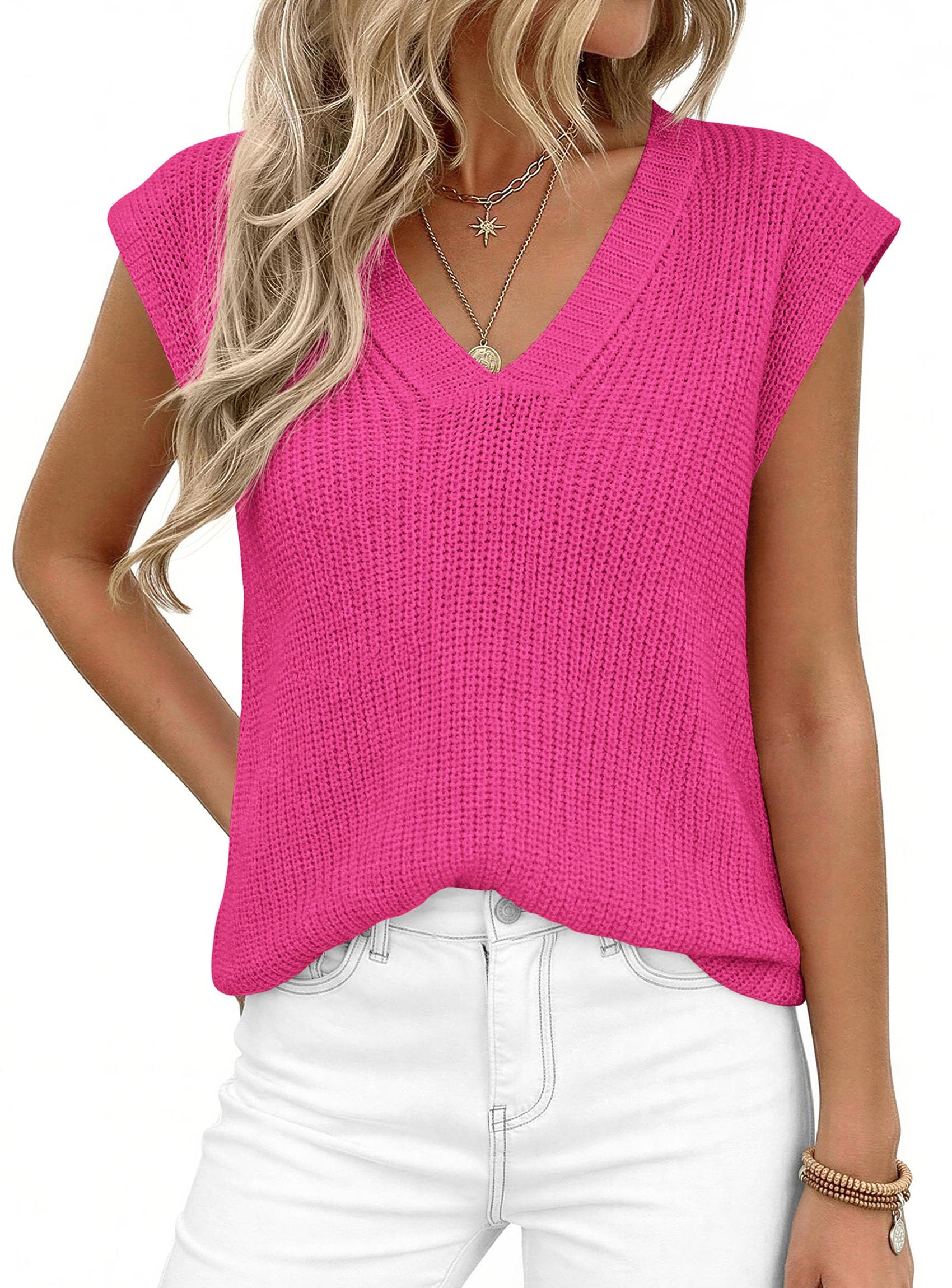 Women's Cap Sleeve Sweaters Vest Summer Tops (Rose Red,S)