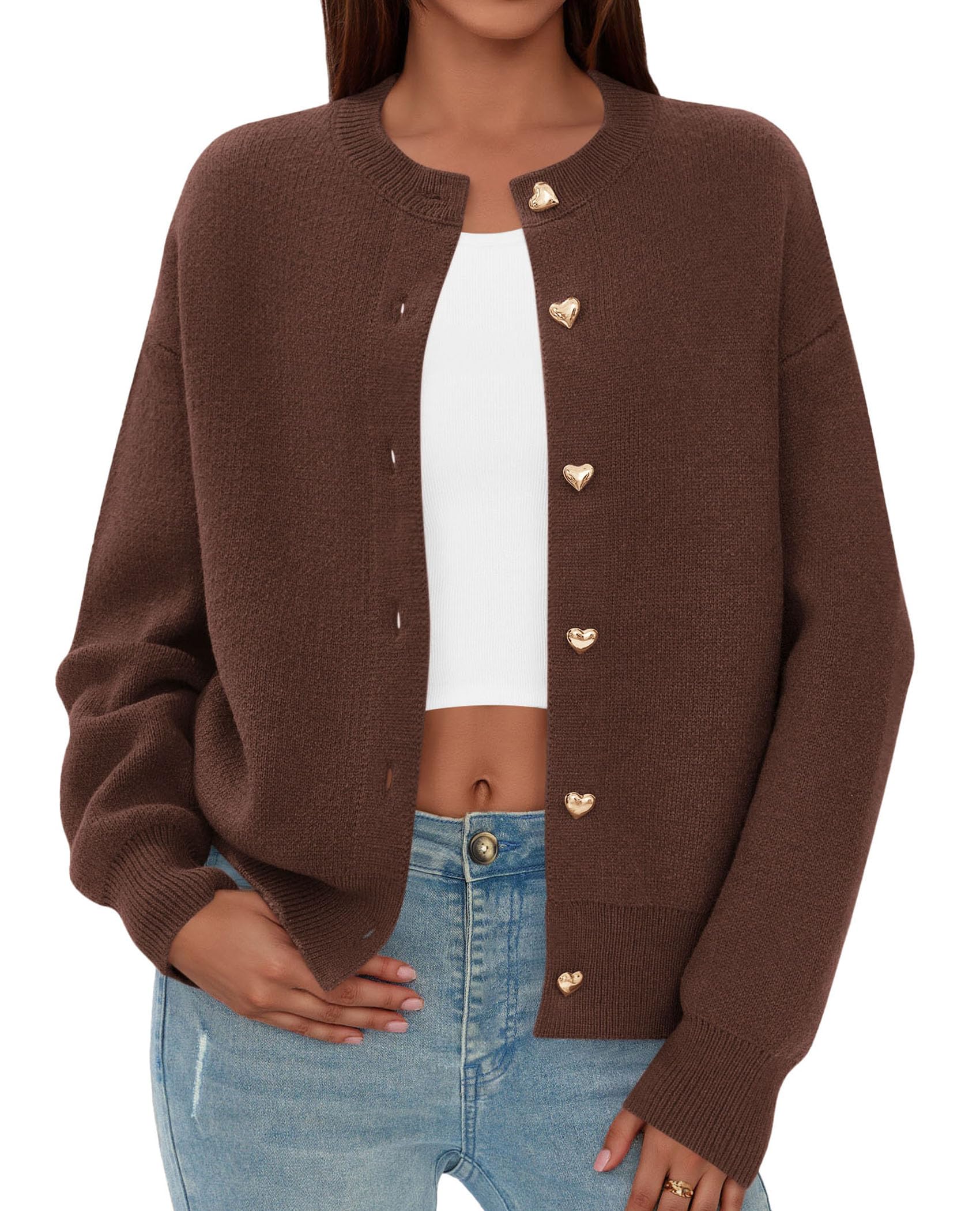 Women's Long Sleeve Button Up Cardigan,Brown,S