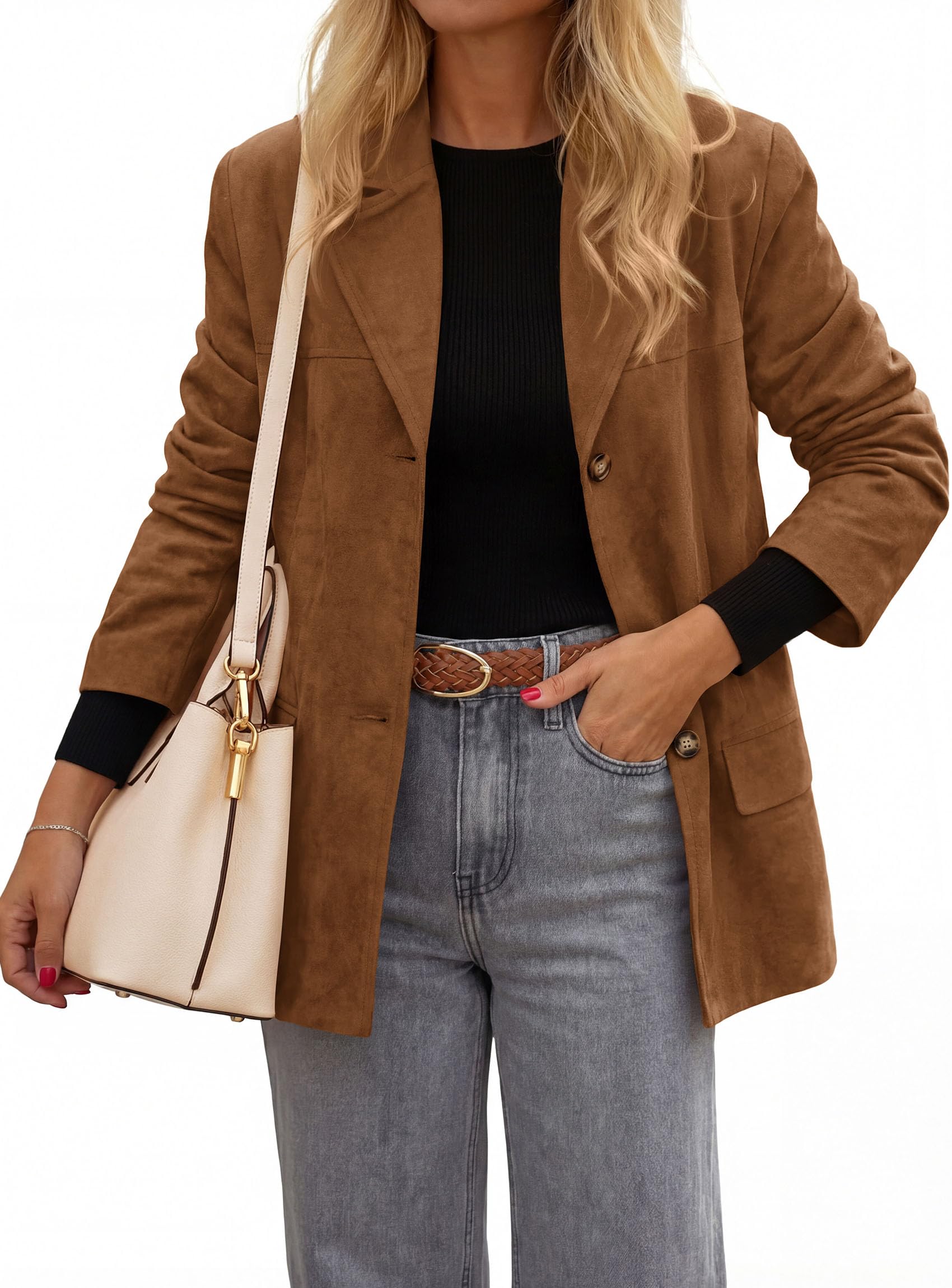 Blazers for Women Western Fall Faux Suede Jacket Light Brown
