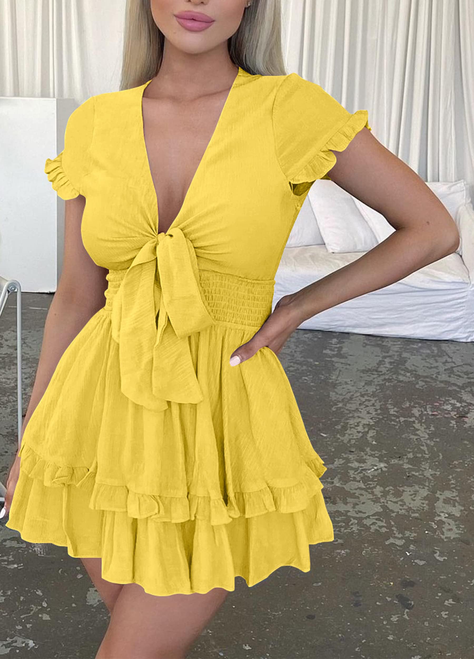 Women's Boho Floral Mini Tiered Bow Dress, Yellow,S