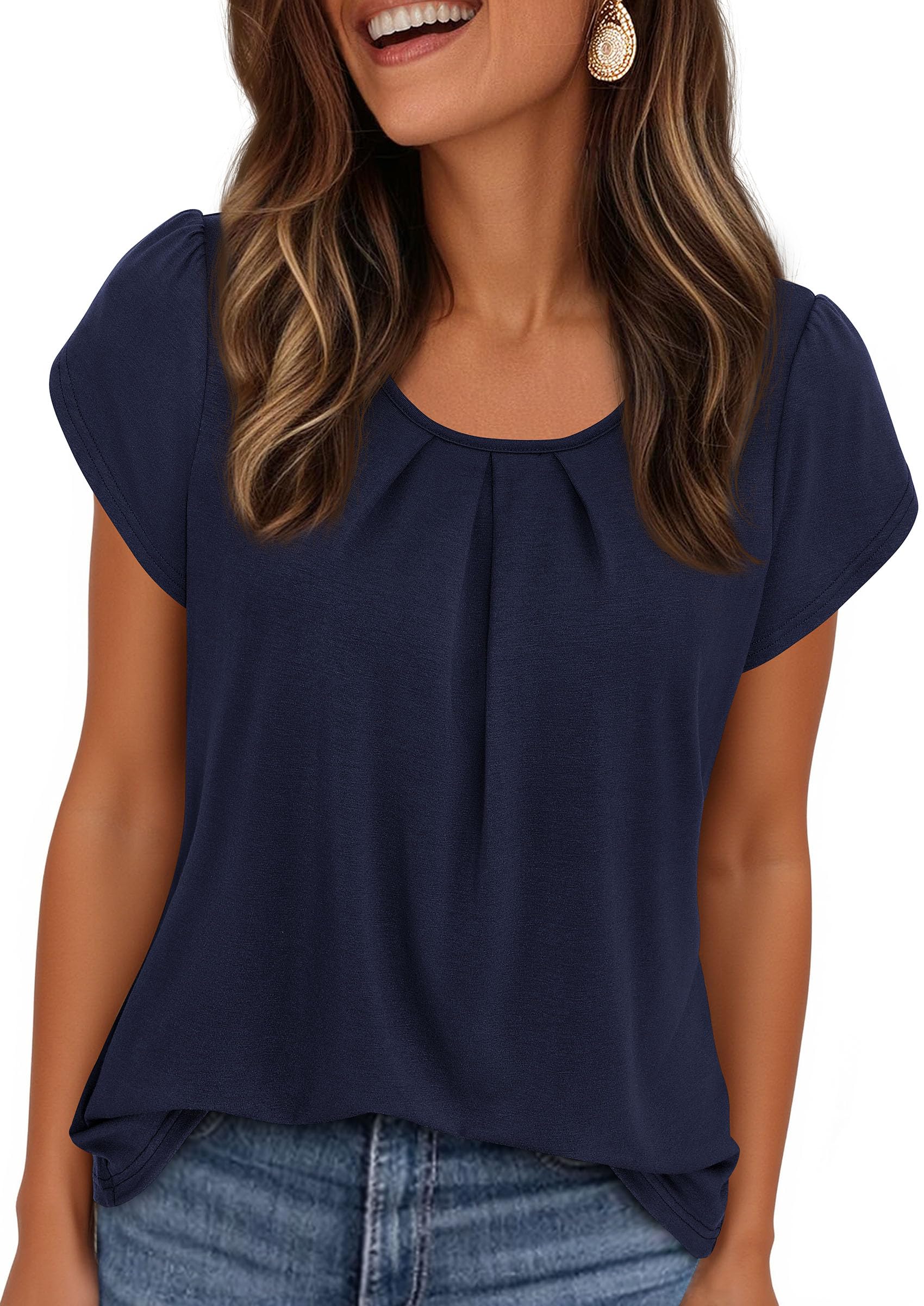 Women's Summer Short Sleeve Tops Casual Blouses,Navy Blue,S