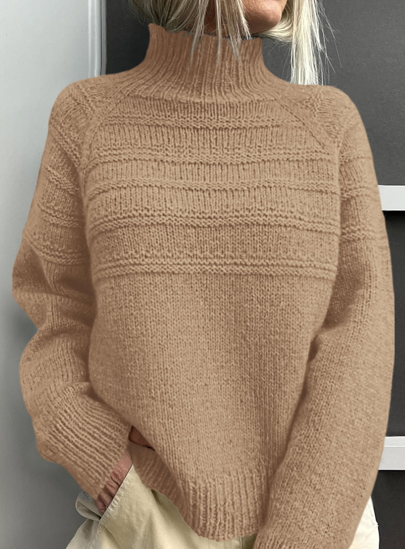 Women's Chunky Knit Mock Neck Pullover Sweaters,Khaki,S