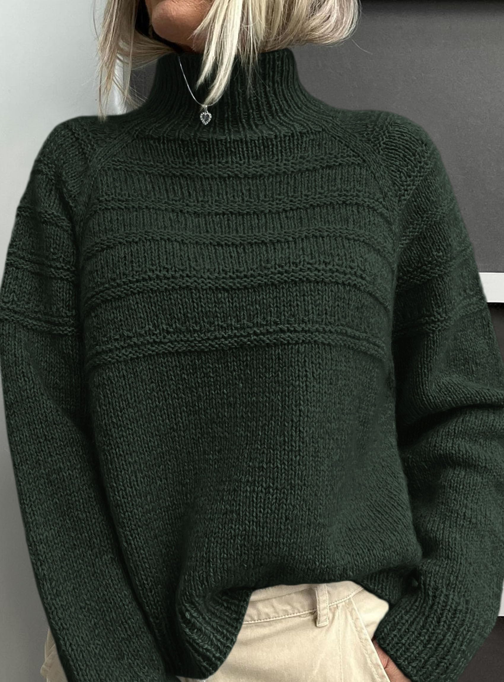 Women's Chunky Knit Mock Neck Pullover Sweaters,Dark Green,S