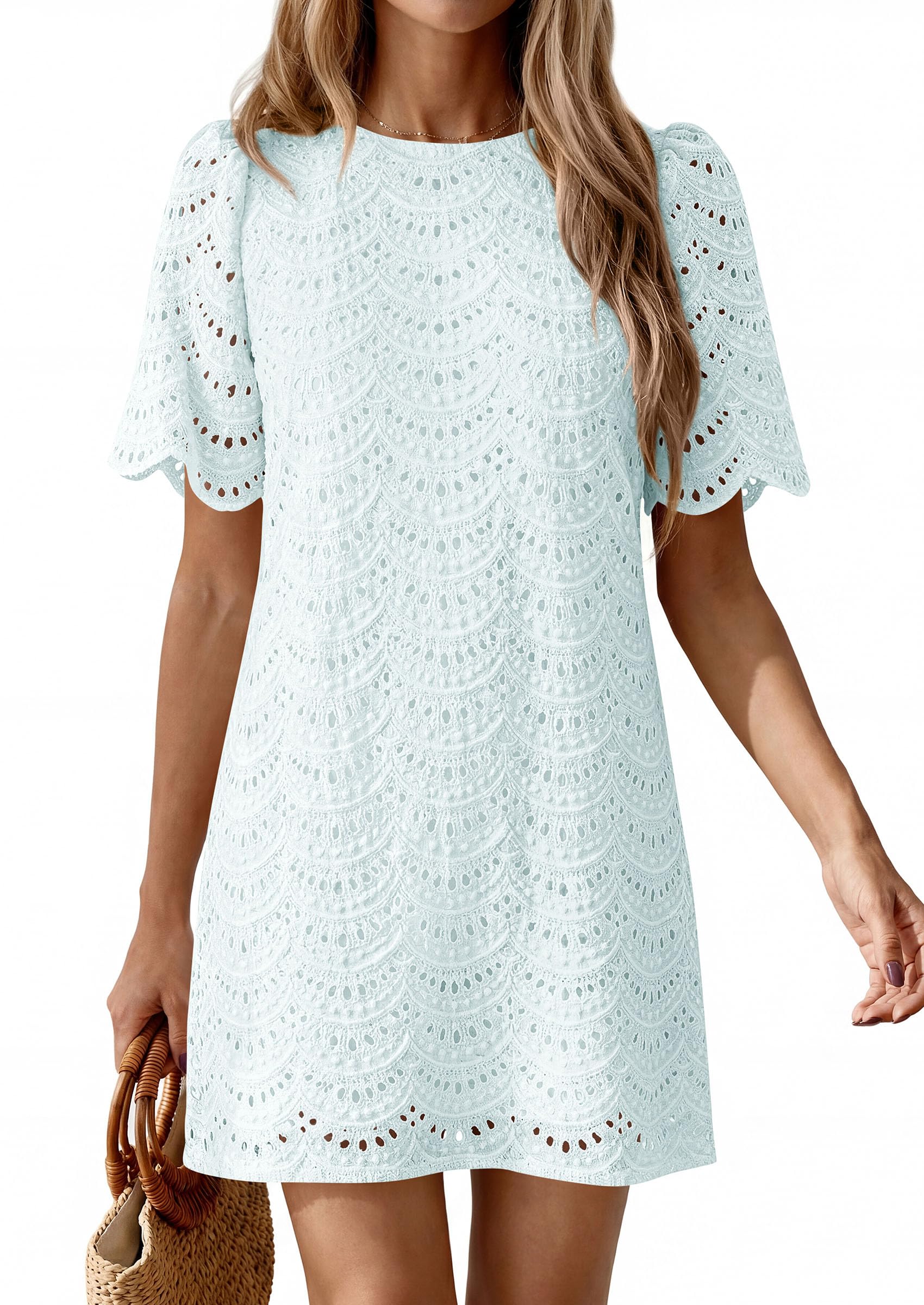 Women's Summer Eyelet Lace Short Dress (Light Blue,S)