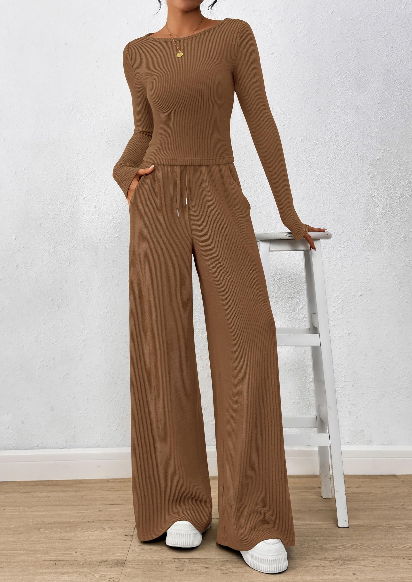 Matching Sets Women Clothing 2 Piece Lounge Set,Dark Khaki,S