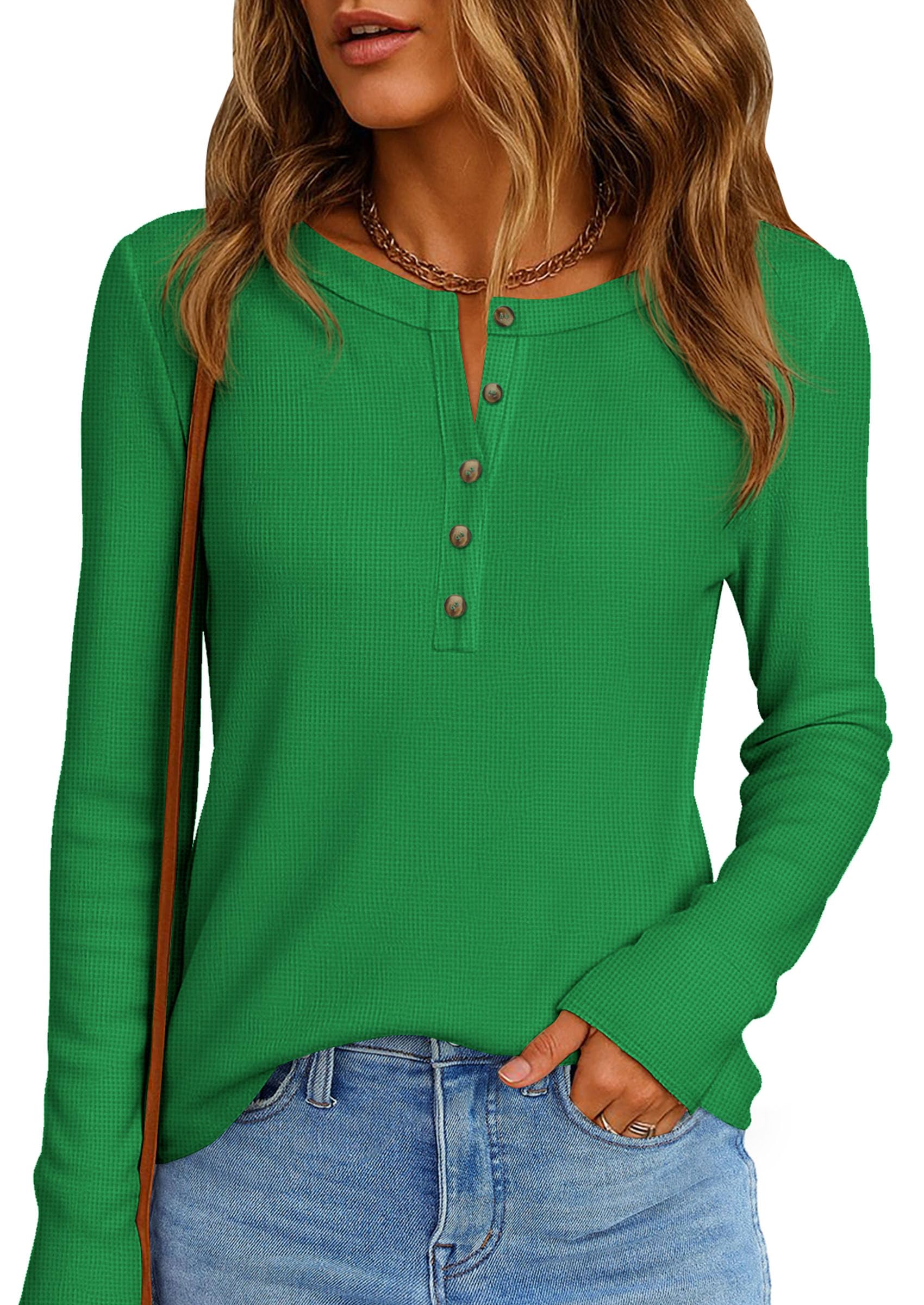 Women's Long Sleeve Waffle Knit Henley Shirts Loose Tunic Tops