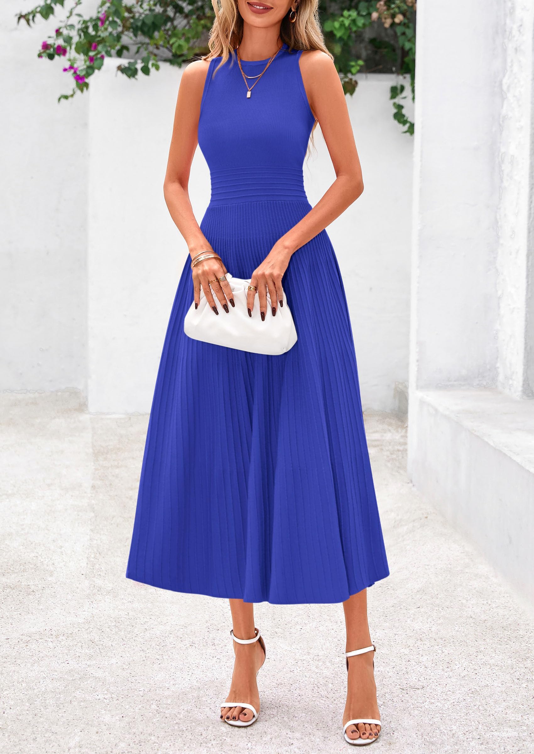 Women's Summer Pleated Midi Work Dress,Brilliant Blue,S