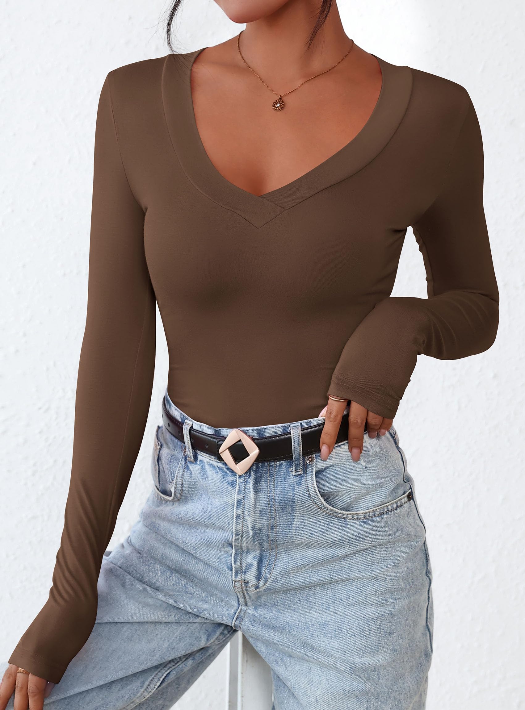 Women's V Neck Long Sleeve Shirts,Brown,X-S