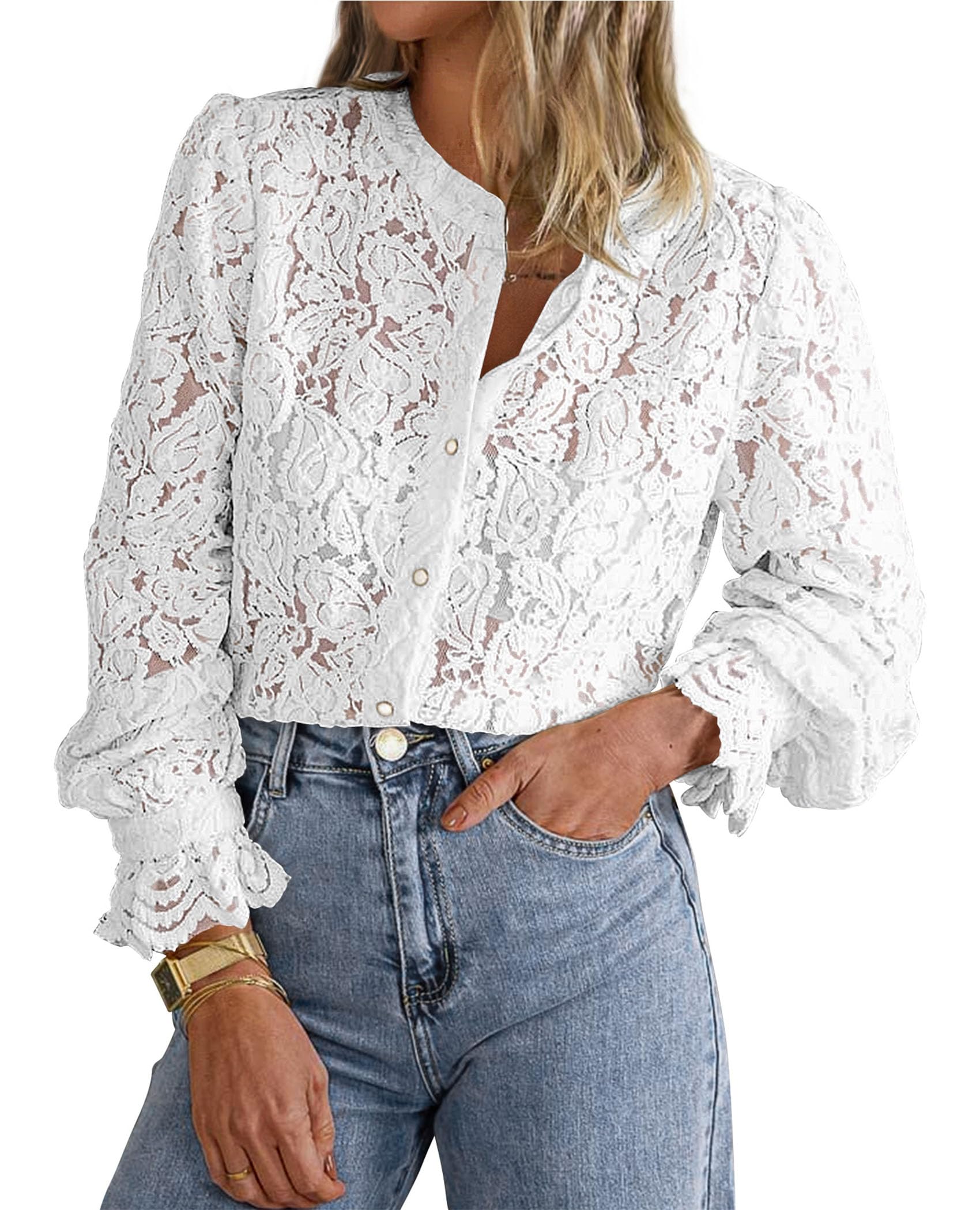 Women's Fall Trendy Long Sleeve Lace Tops(White,X-Large)