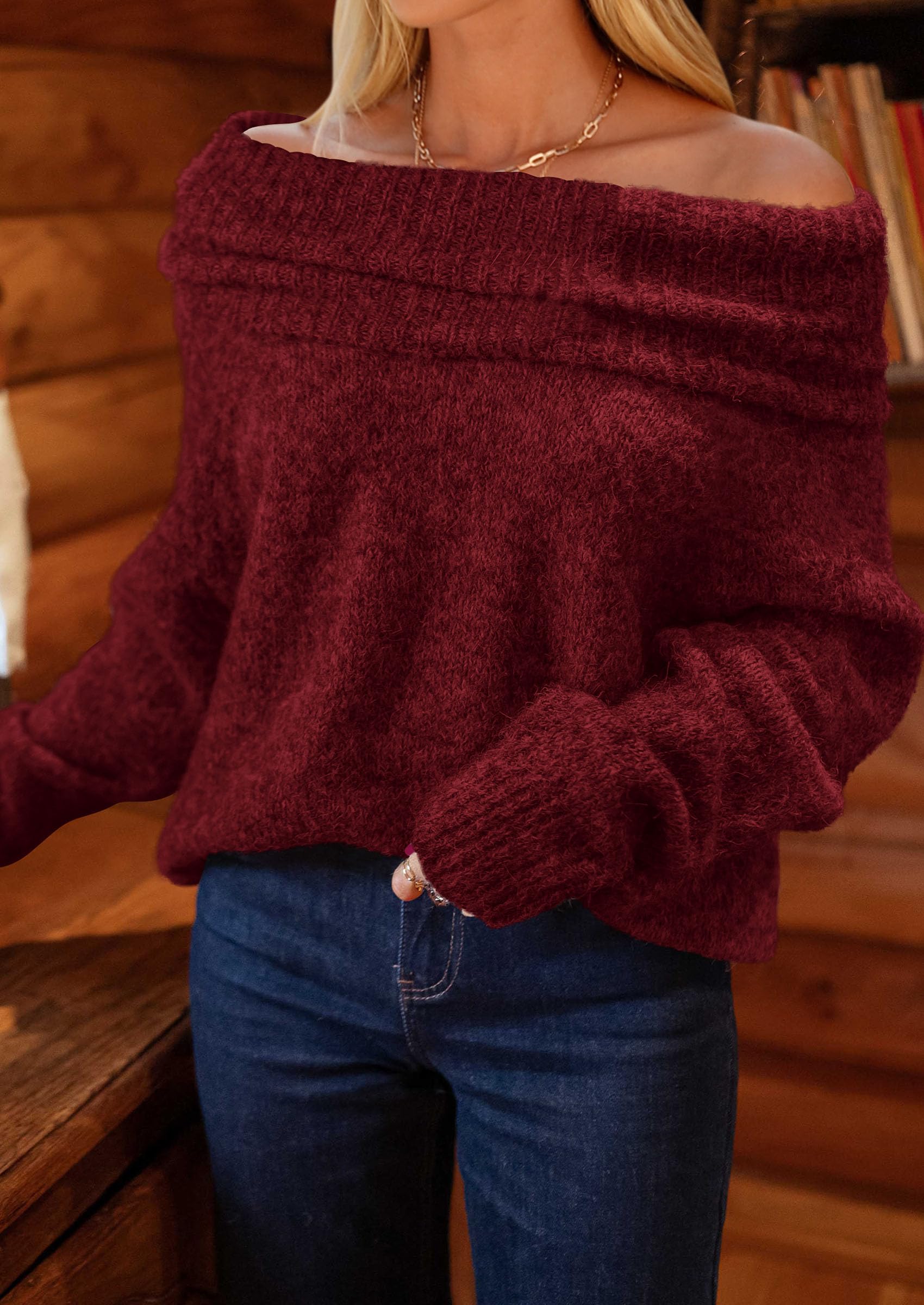 Women's Fall Off The Shoulder Sweater,Wine Red,S