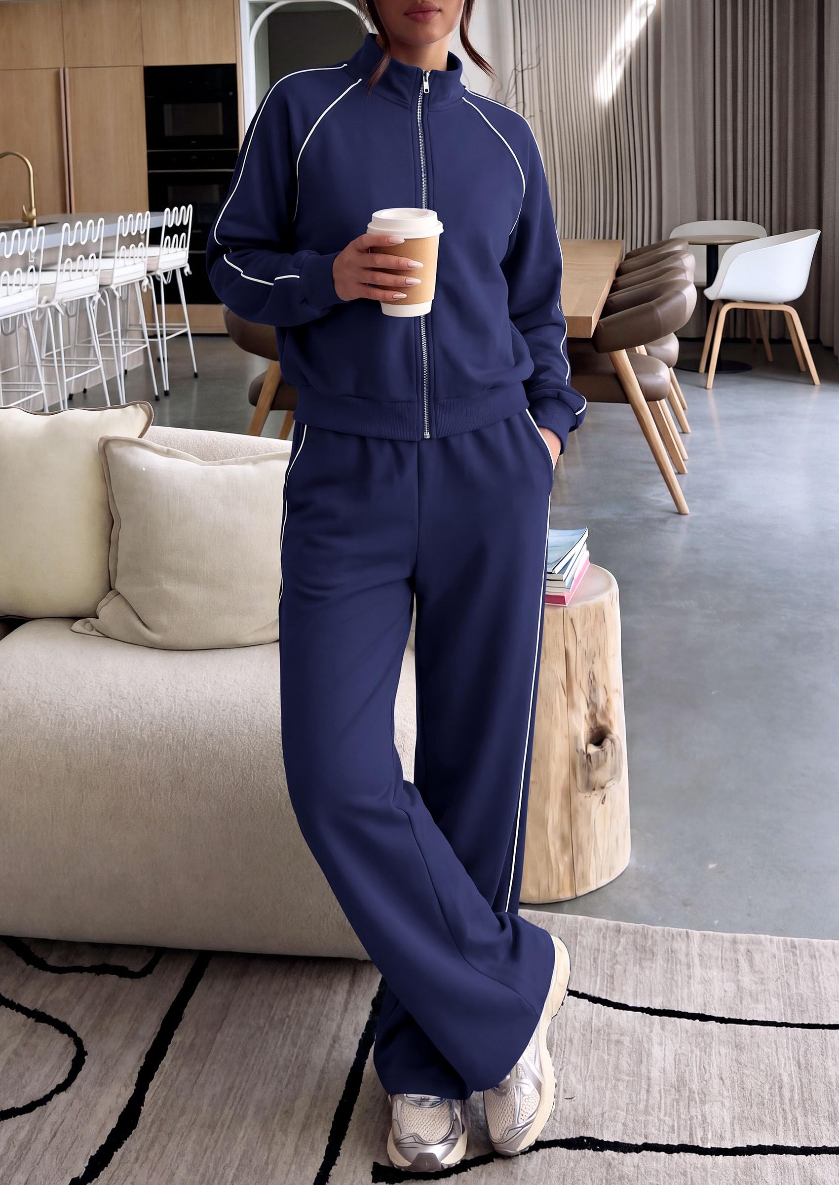 Women's 2 Piece Sweat Set Casual Fall Outfits,Navy Blue,S