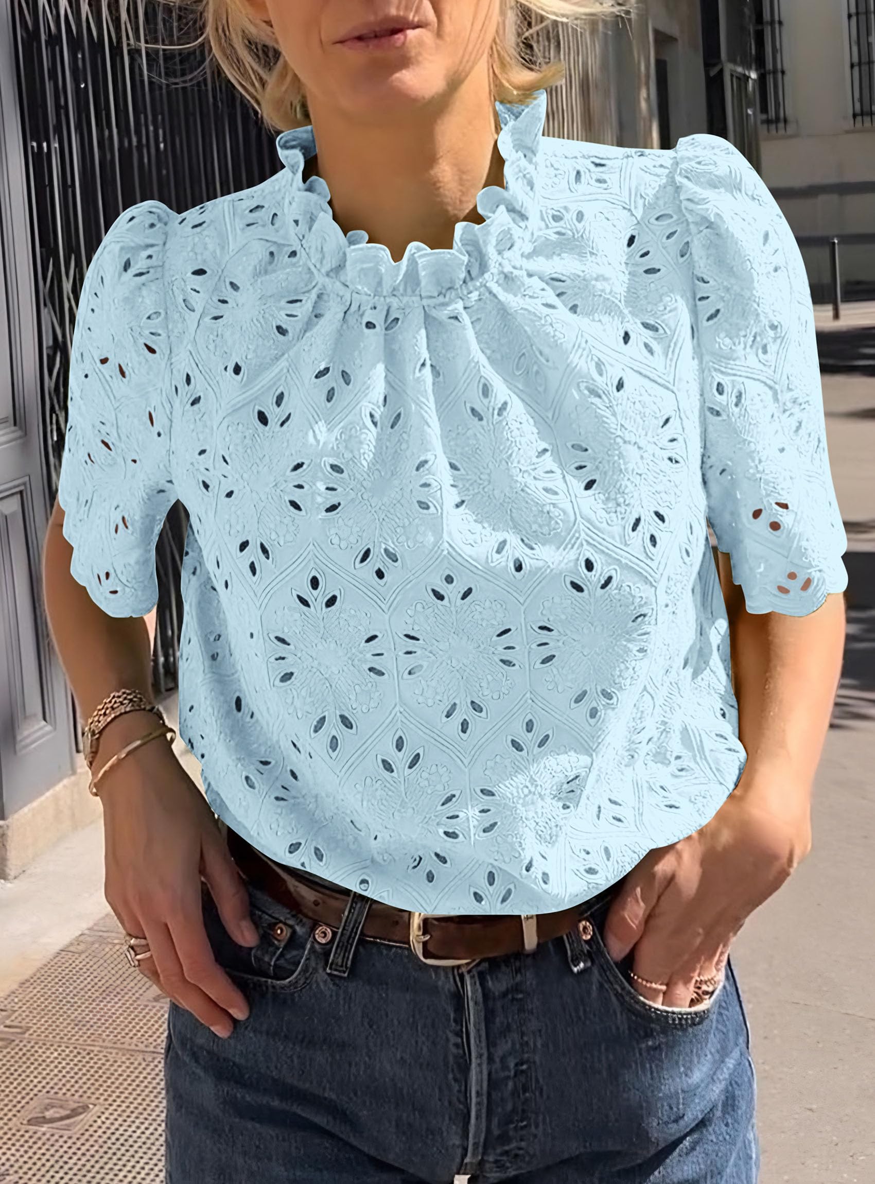 Women Summer Tops Eyelet Embroidered Shirts,Light Blue,XS