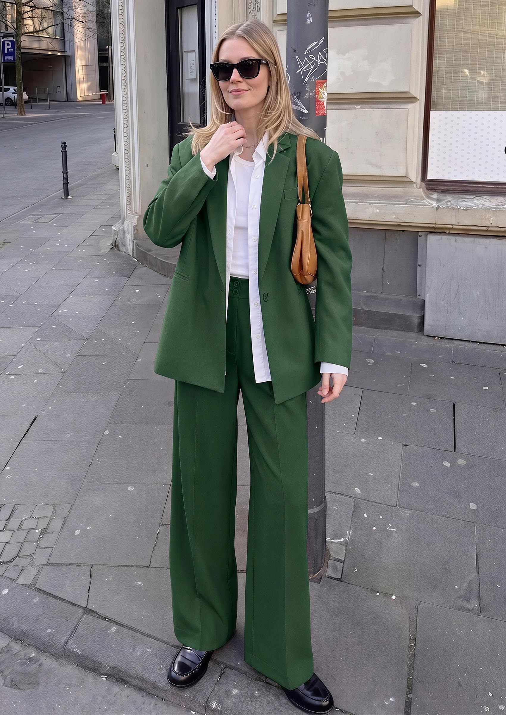 Women's Wide Leg Work Dress Pants Trousers (Dark Green,S)