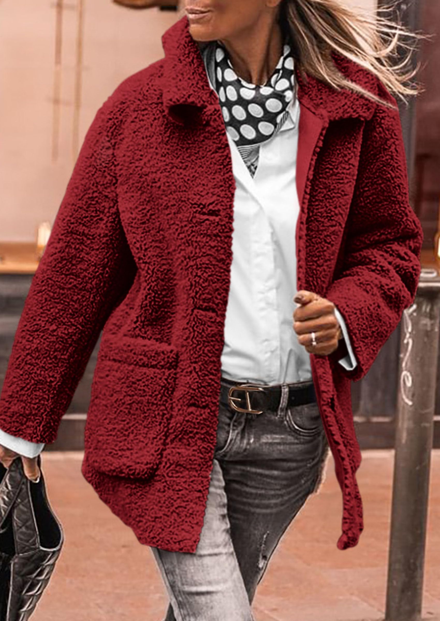Women's Fleece Sherpa Coats Winter Outfits Jujube Red,S