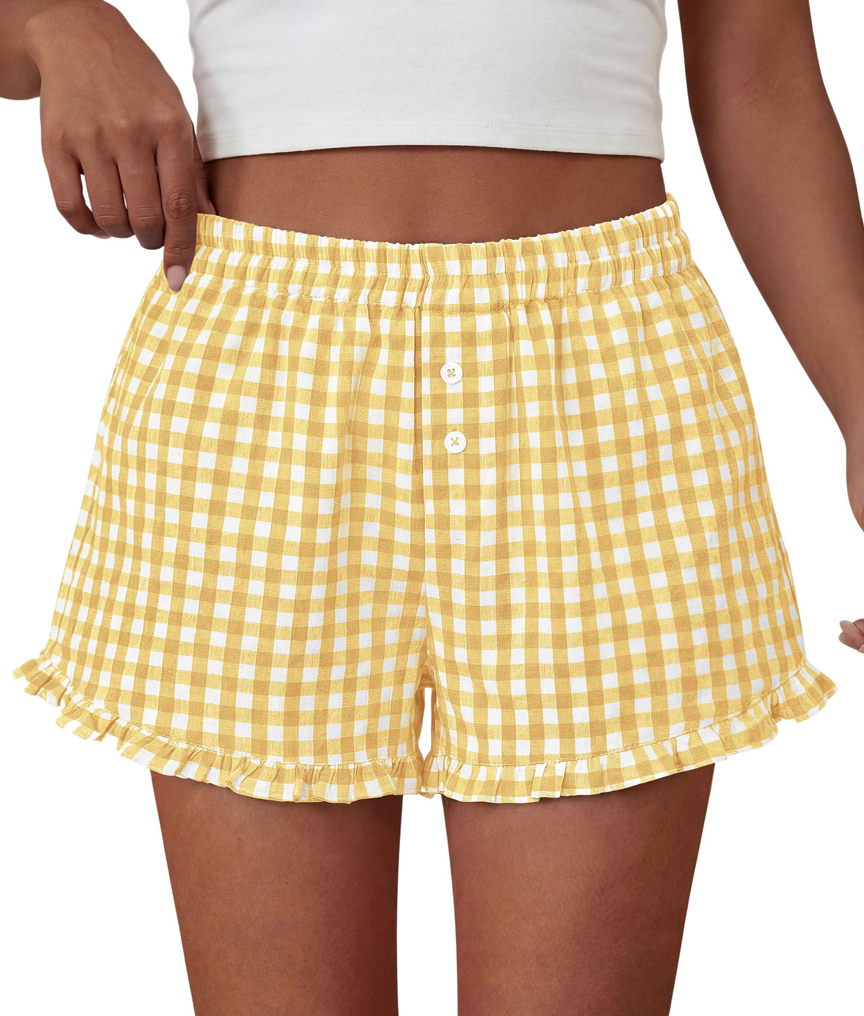 Womens Boxer Shorts Striped Gingham Ruffle Pajama Bottoms