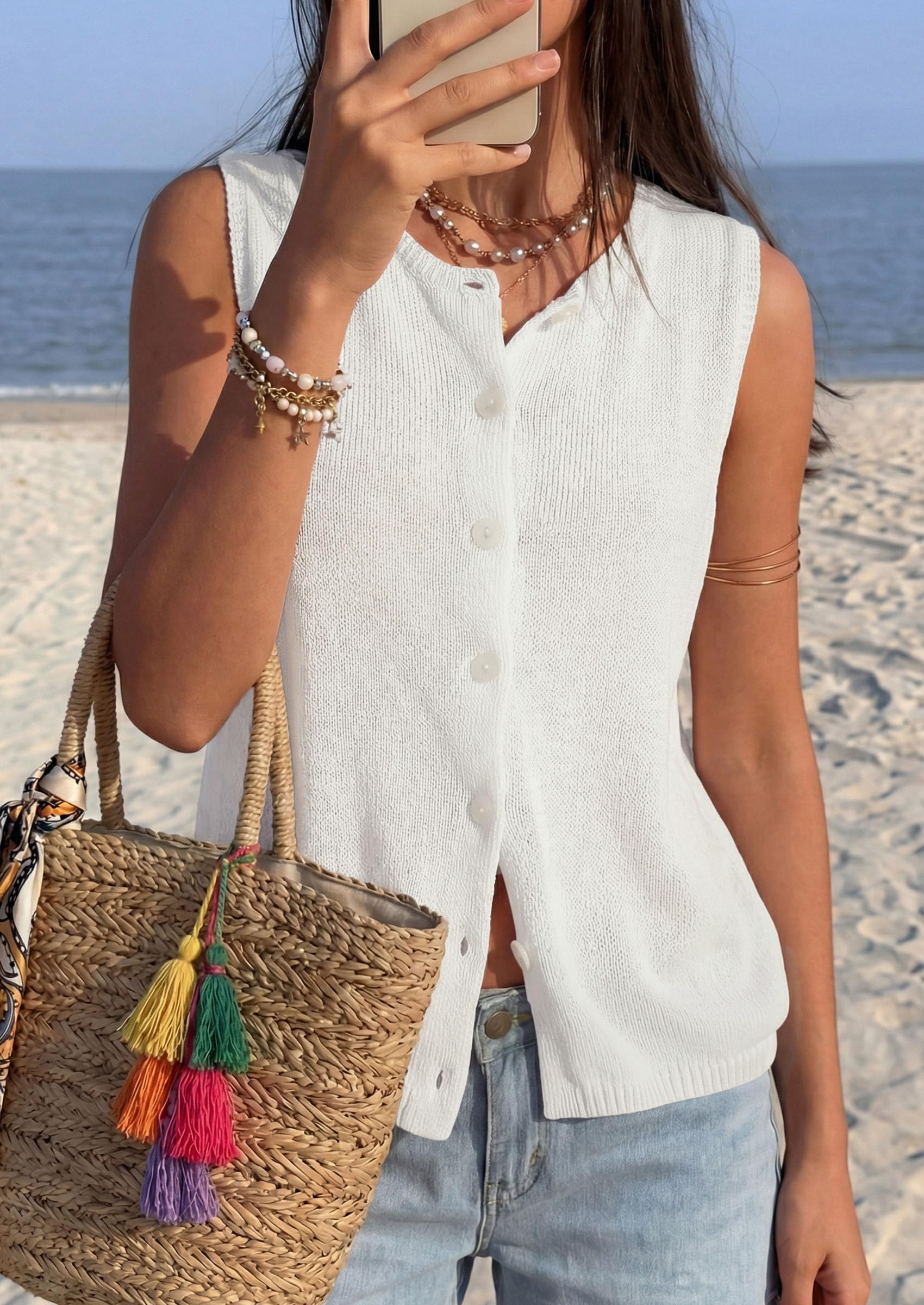 Women's Summer Button Up Sweater Vest Tops,White,L