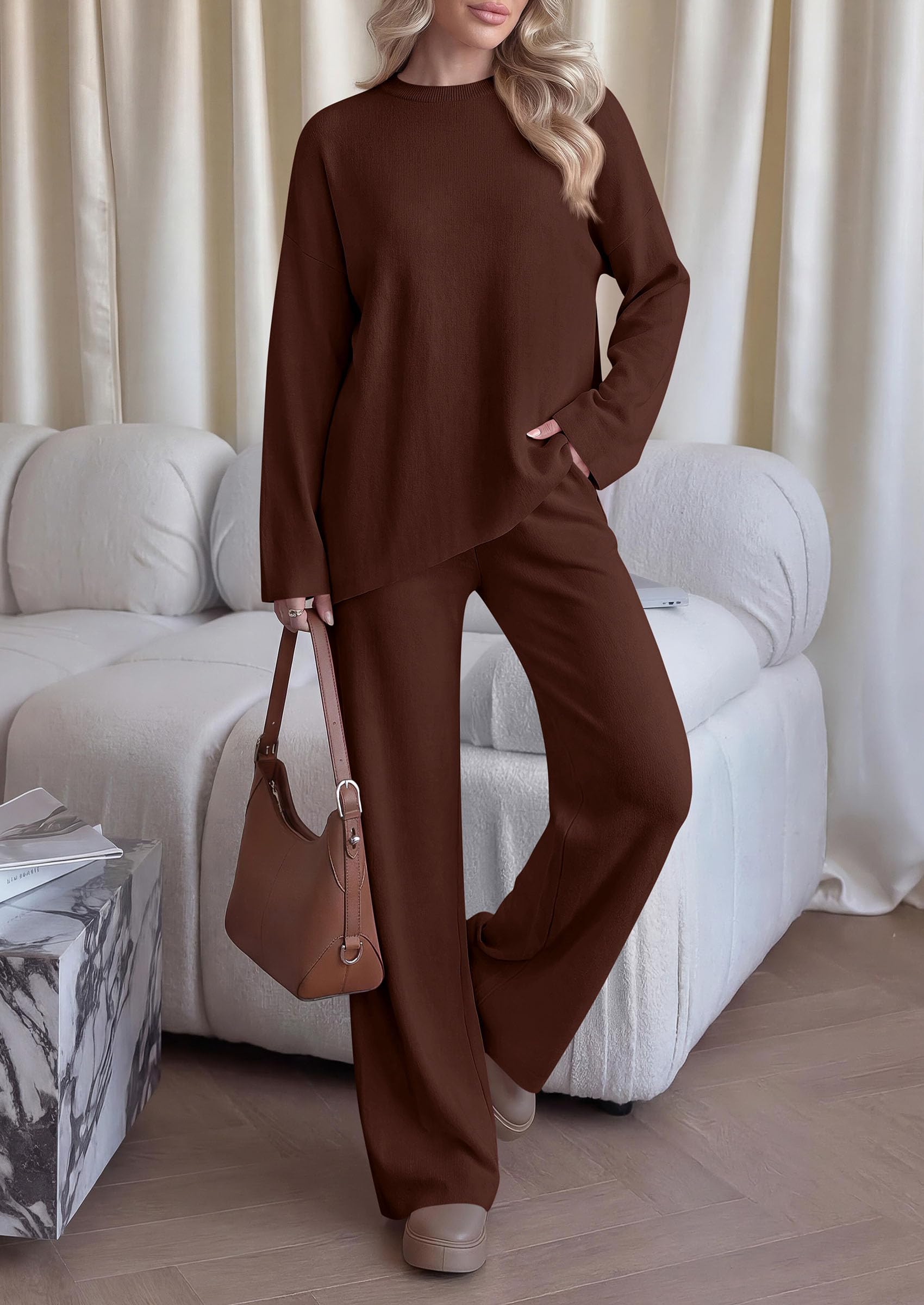 Womens Fall 2 Piece Asymmetric Cozy Sweater Travel Lounge Sets